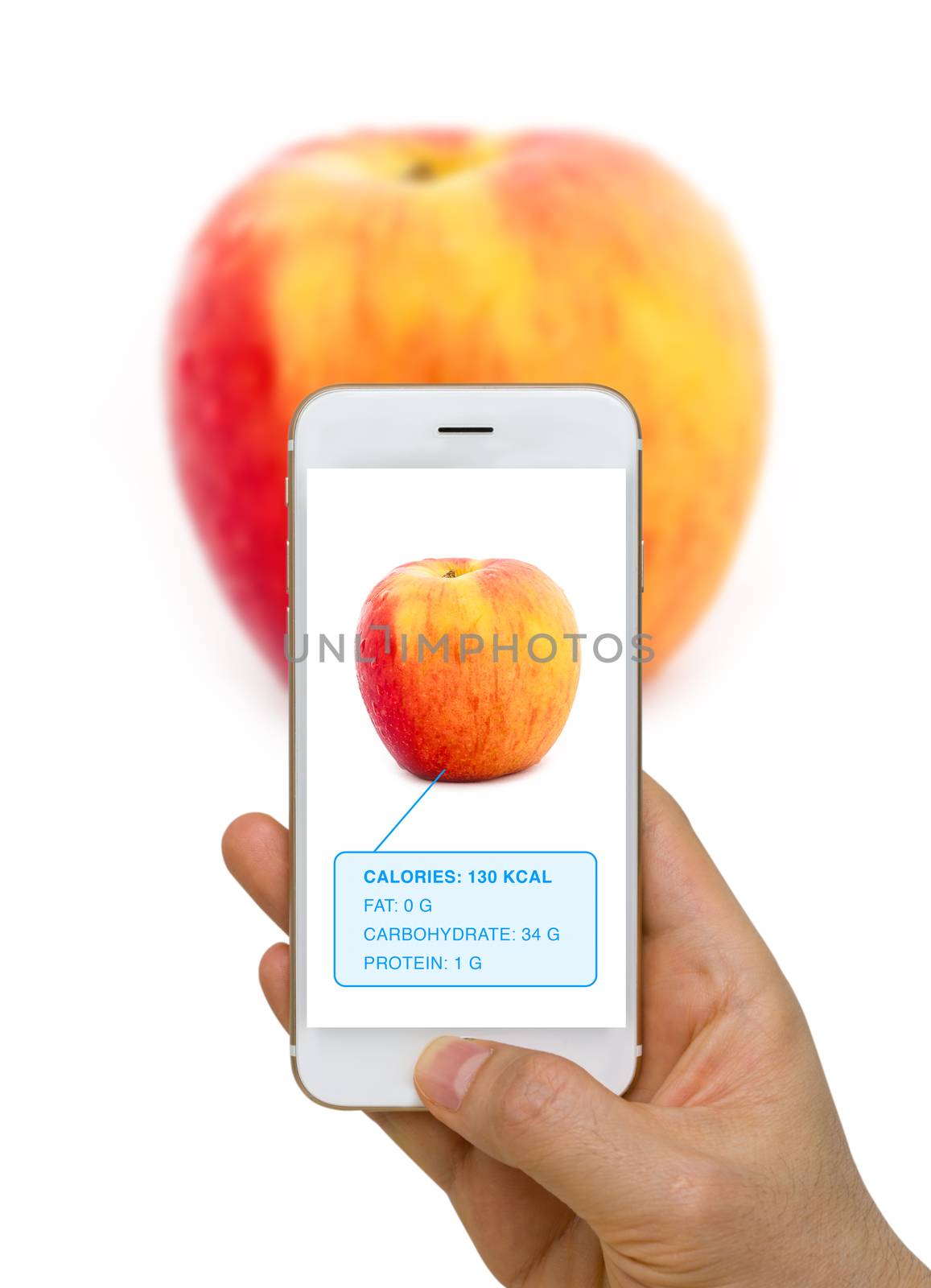 Smart device screen showing food, apple, nutrition information using augmented reality or AR technology.