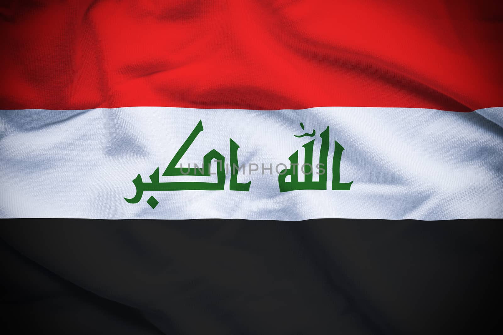 Wavy and rippled national flag of Iraq background.