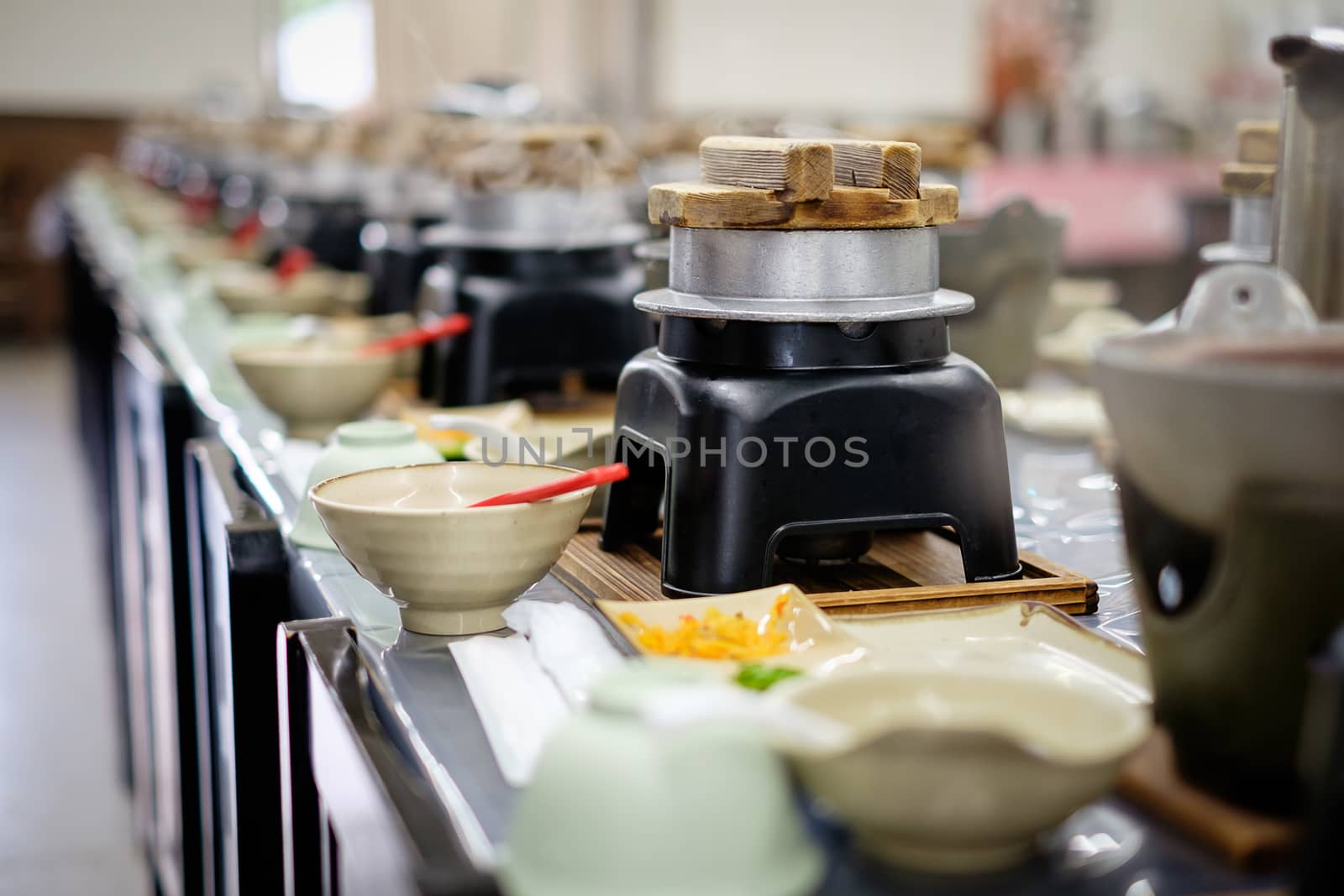 Traditional Japanese hot pot food set on table.