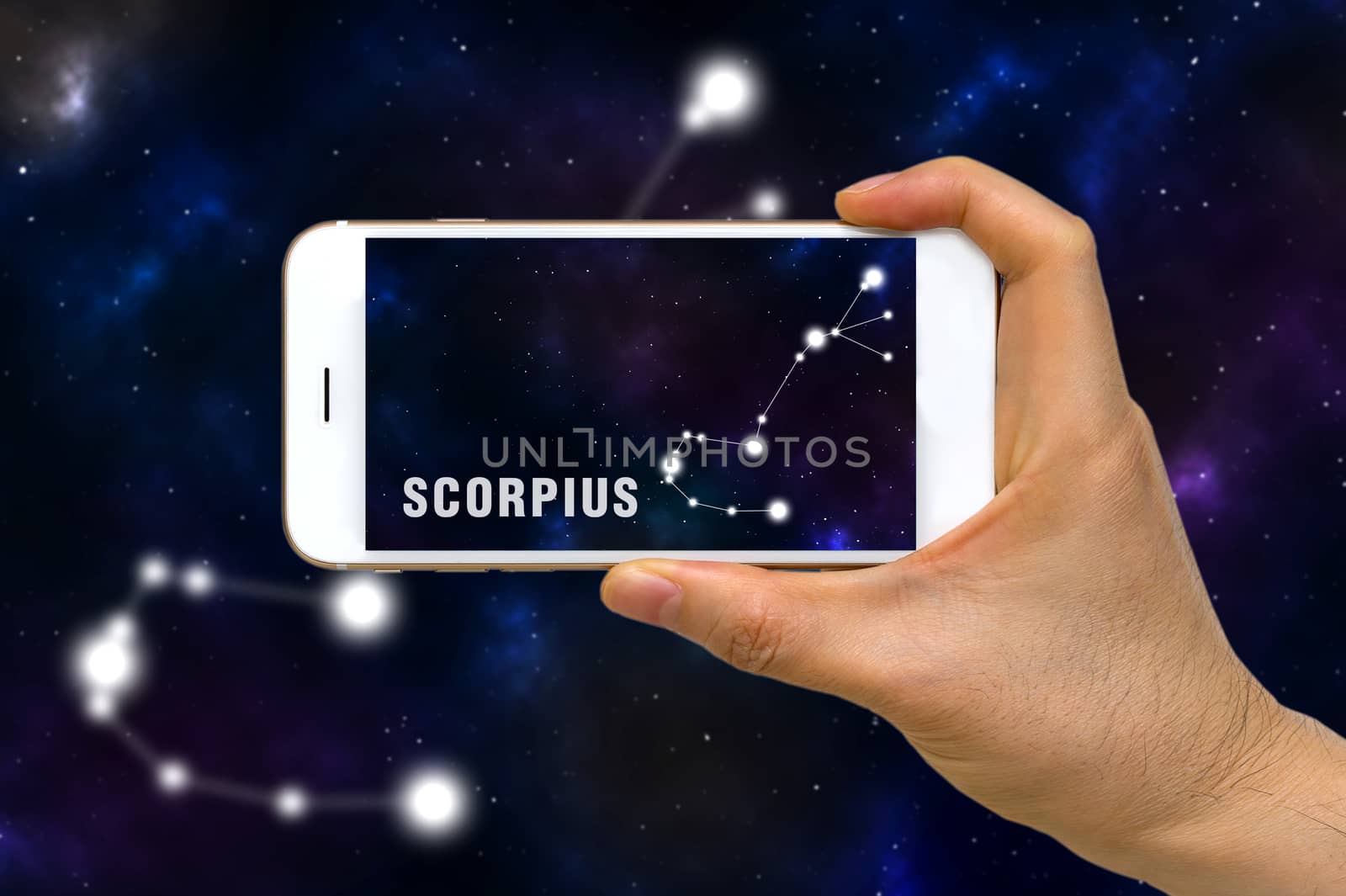 Concept of augmented reality, AR, of Scorpius zodiac constellation app on smartphone.