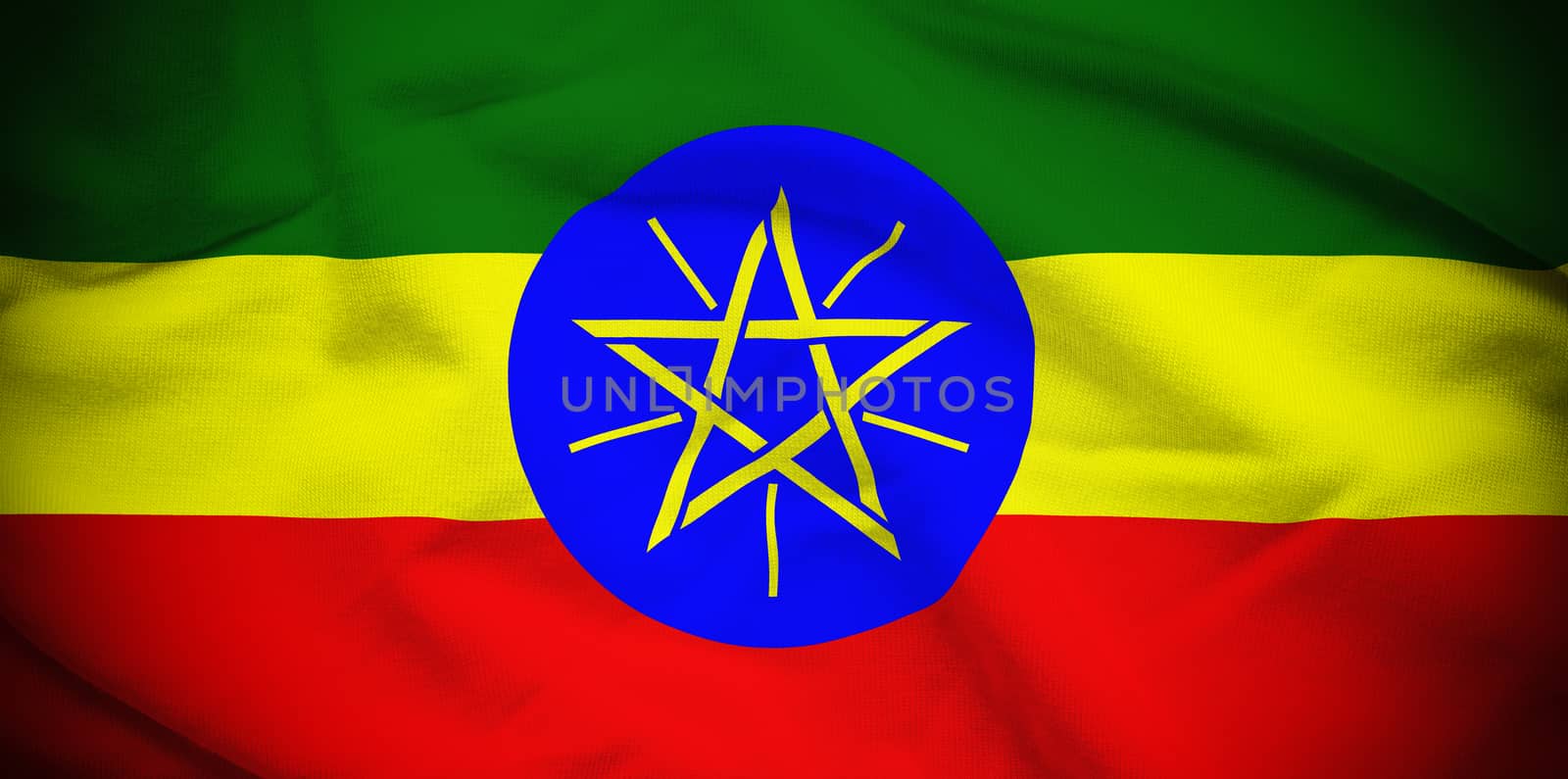 Wavy and rippled national flag of Ethiopia background.