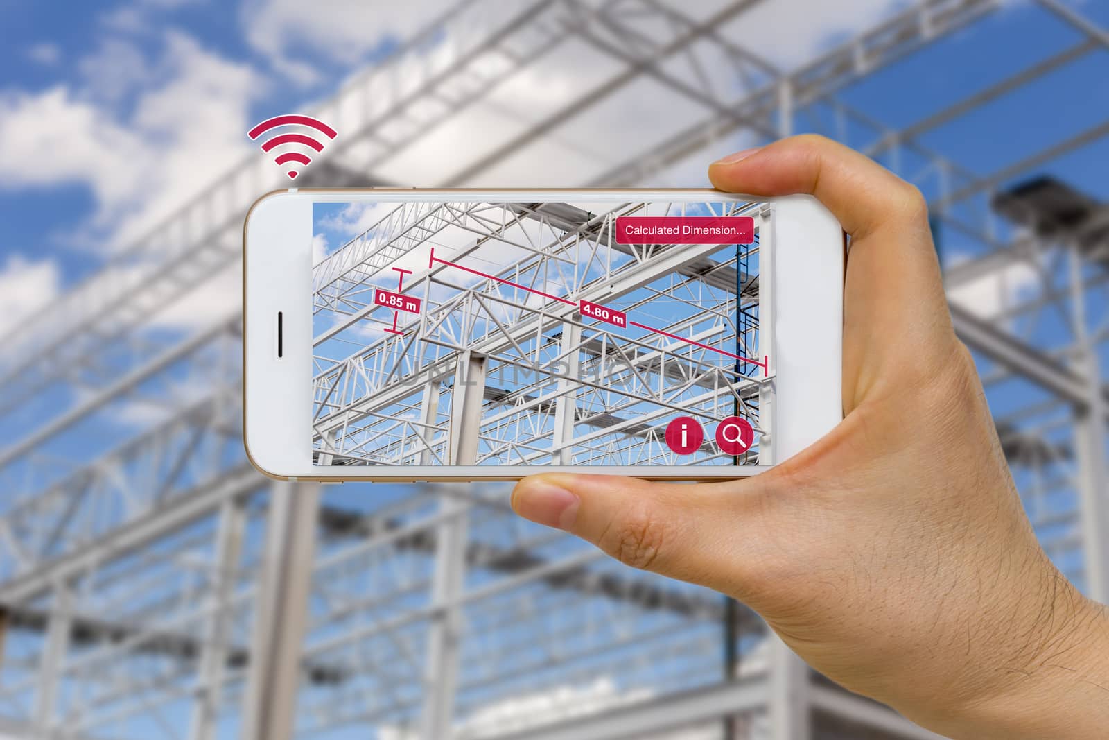 Augmented reality in construction industry concept application for measuring dimension of steel structure.