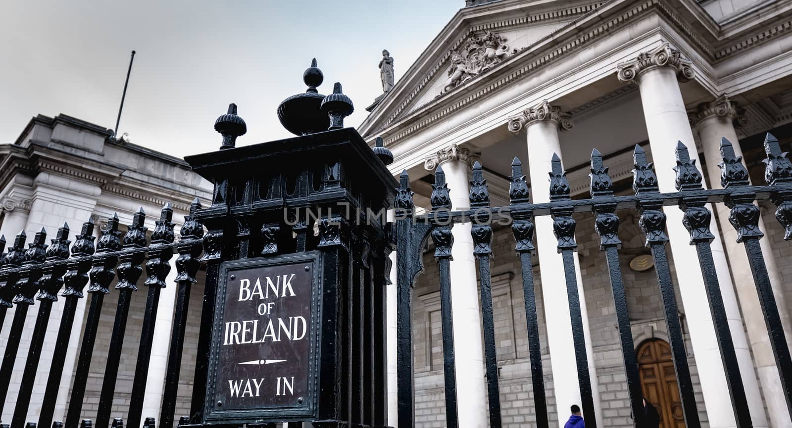 Dublin, Ireland - February 11, 2019: Architecture detail of Bank of Ireland in the city center on a winter day