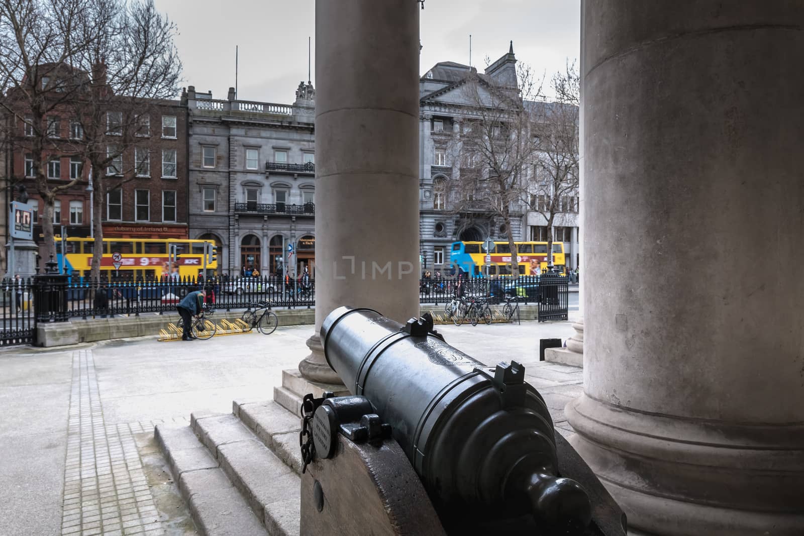Dublin, Ireland - February 11, 2019: Architecture detail of Bank of Ireland in the city center on a winter day