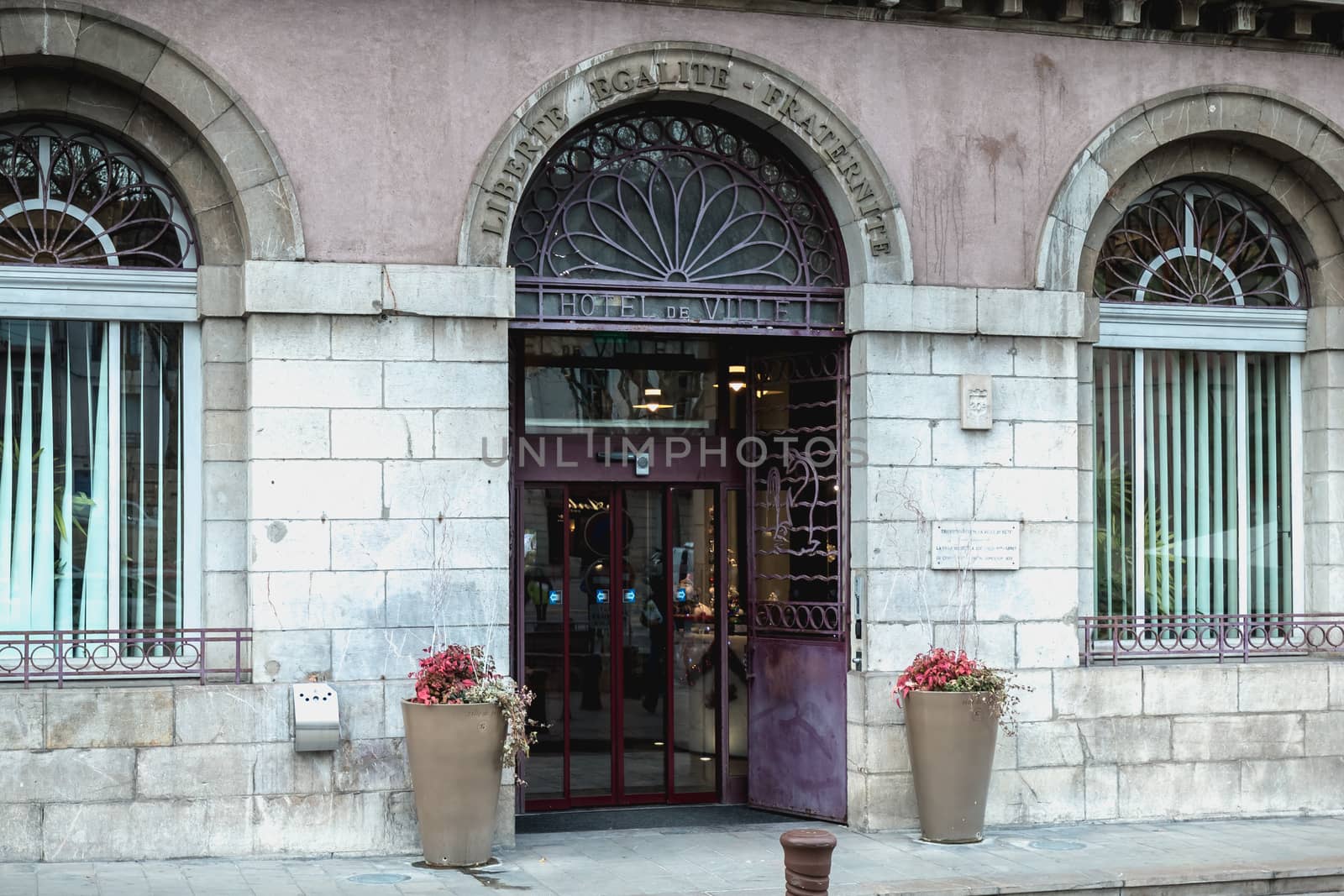 Sete, France - January 4, 2019: Architectural detail of City Hall of the city on a winter day