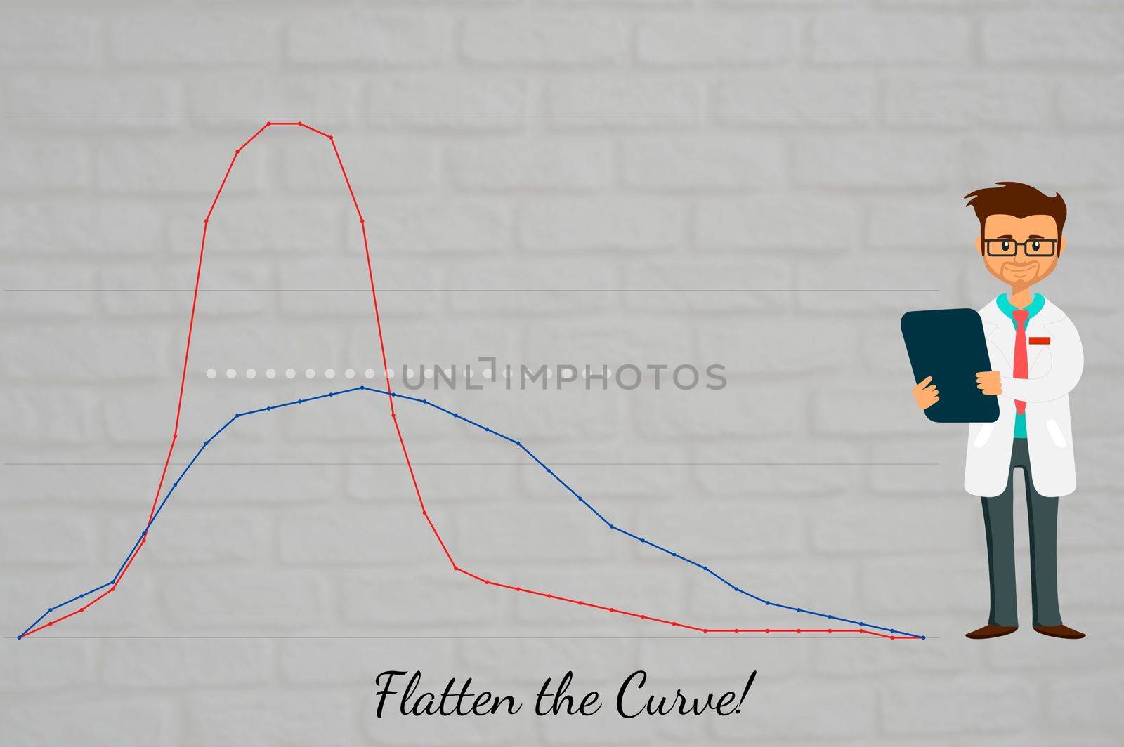 Illustration depicting a doctor holding a medical prescription and graph showing 2 curves depicting the spread of Coronavirus and suggesting to flatten the curve of spread.