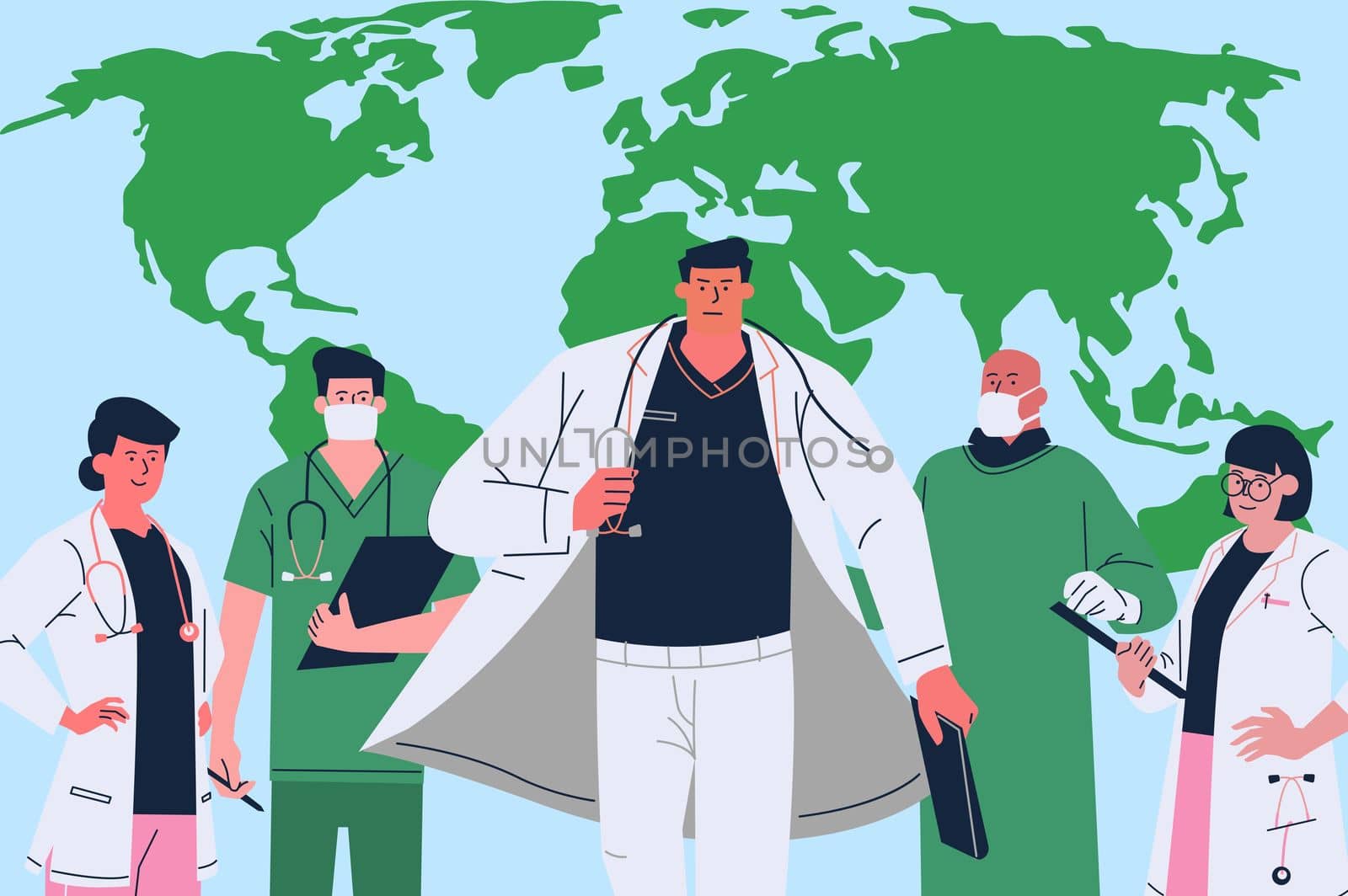 Illustration of Health care workers stand united in front of a green world map fight the novel Corona Virus (Covid-19) flu disease pandemic. Empty copy space. Concept Saving the World wearing capes