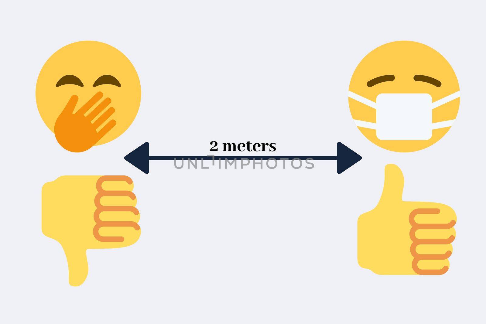 Illustration with smily wearing mask and hiding face with hands maintaining Social Distancing of Minimum 2 meters for prevention against Corona Virus (Covid-19) disease pandemic as suggested by (WHO)