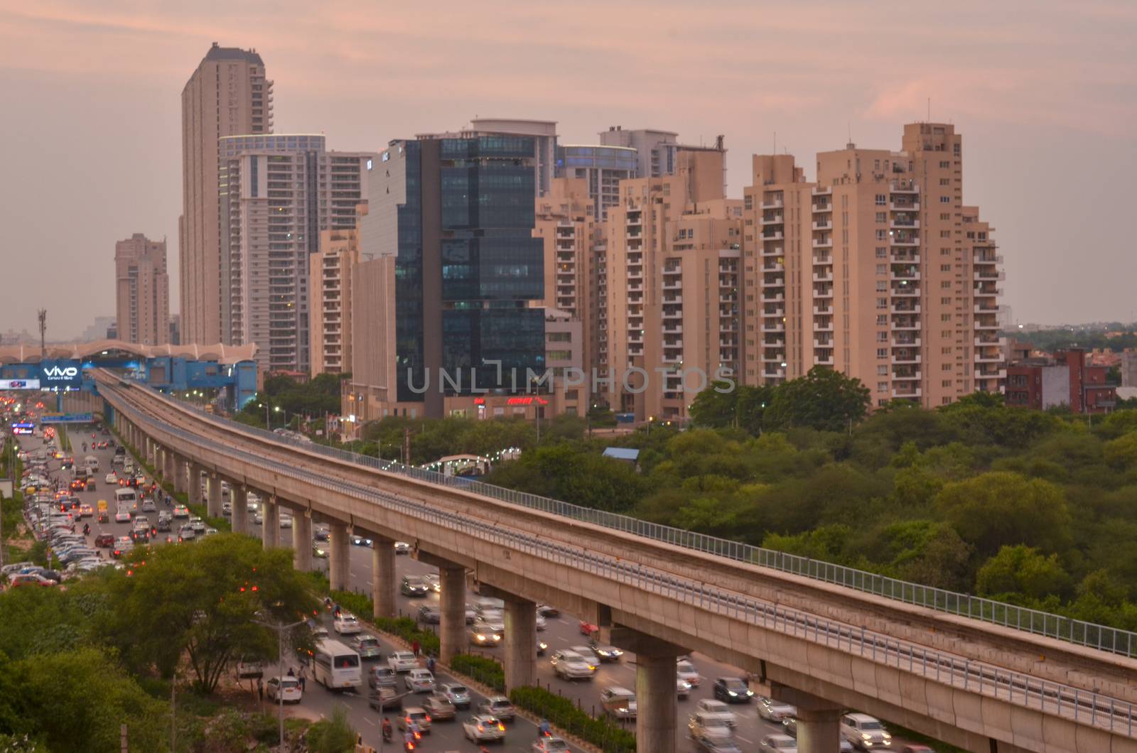 New Delhi, India, 2020. Aerial shot of Rapid metro tracks in urban areas of New Delhi NCR, Gurugram, Noida. A useful addition to existing DMRC rail network. DMRC is closing metro service due to covid-19