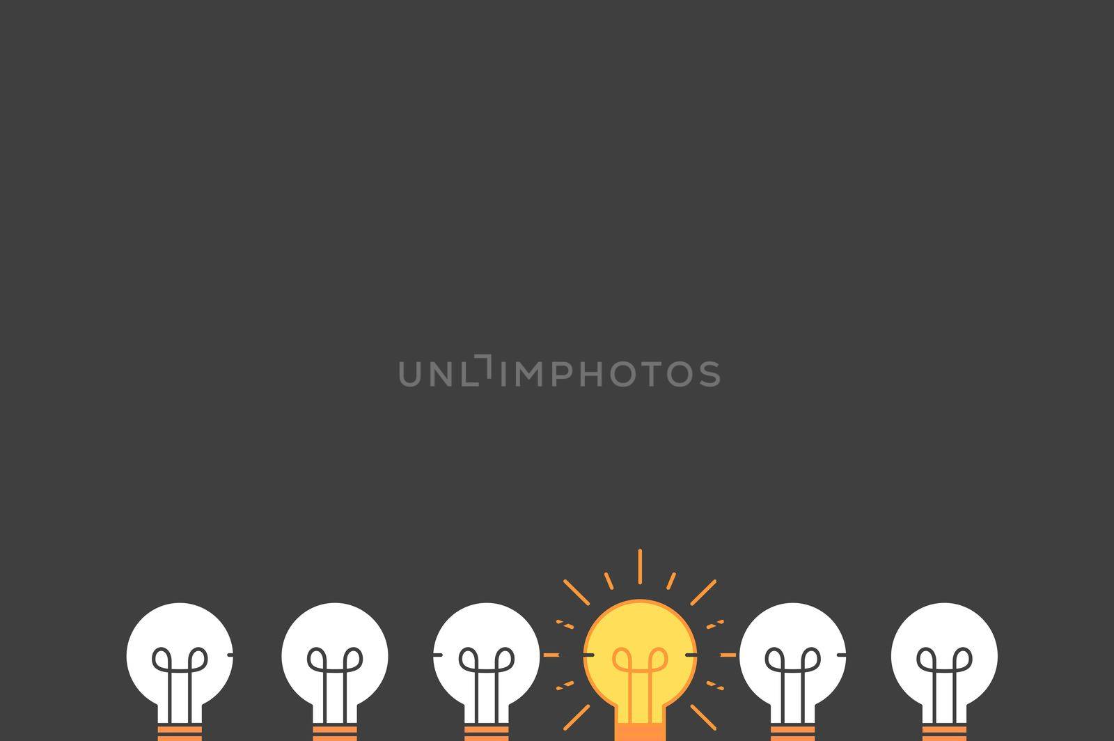 Set of horizontally kept light bulbs with one glowing and lit up . Trendy flat vector light bulb icons with concept of idea against a grey black background