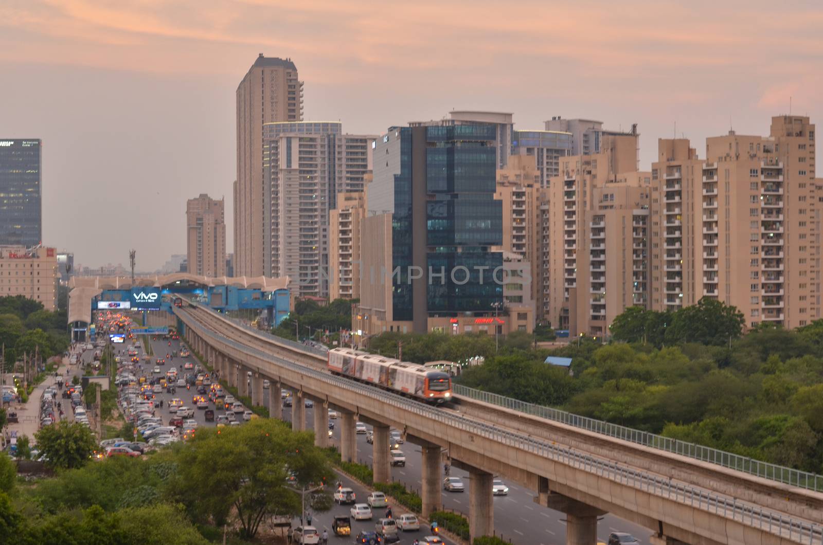 New Delhi, India, 2020. Aerial shot of Rapid metro tracks in urban areas of New Delhi NCR, Gurugram, Noida. A useful addition to existing DMRC rail network. DMRC is closing metro service due to covid-19