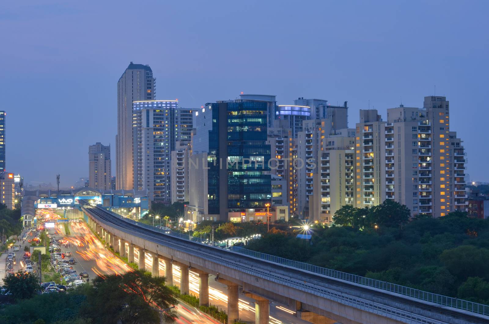 New Delhi, India, 2020. Aerial shot of Rapid metro tracks in urban areas of New Delhi NCR, Gurugram, Noida. A useful addition to existing DMRC rail network. DMRC is closing metro service due to covid-19