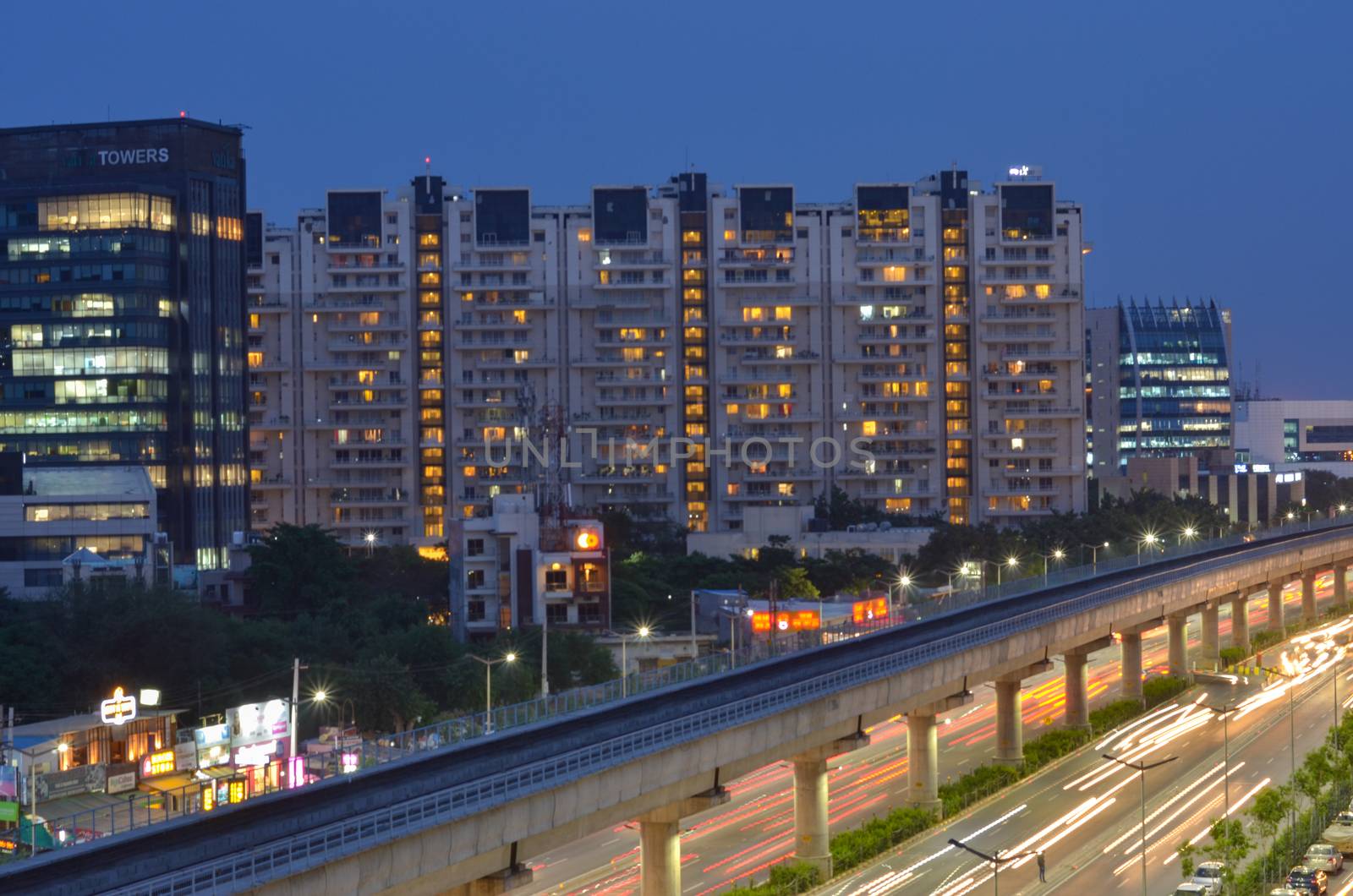 New Delhi, India, 2020. Aerial shot of Rapid metro tracks in urban areas of New Delhi NCR, Gurugram, Noida. A useful addition to existing DMRC rail network. DMRC is closing metro service due to covid-19