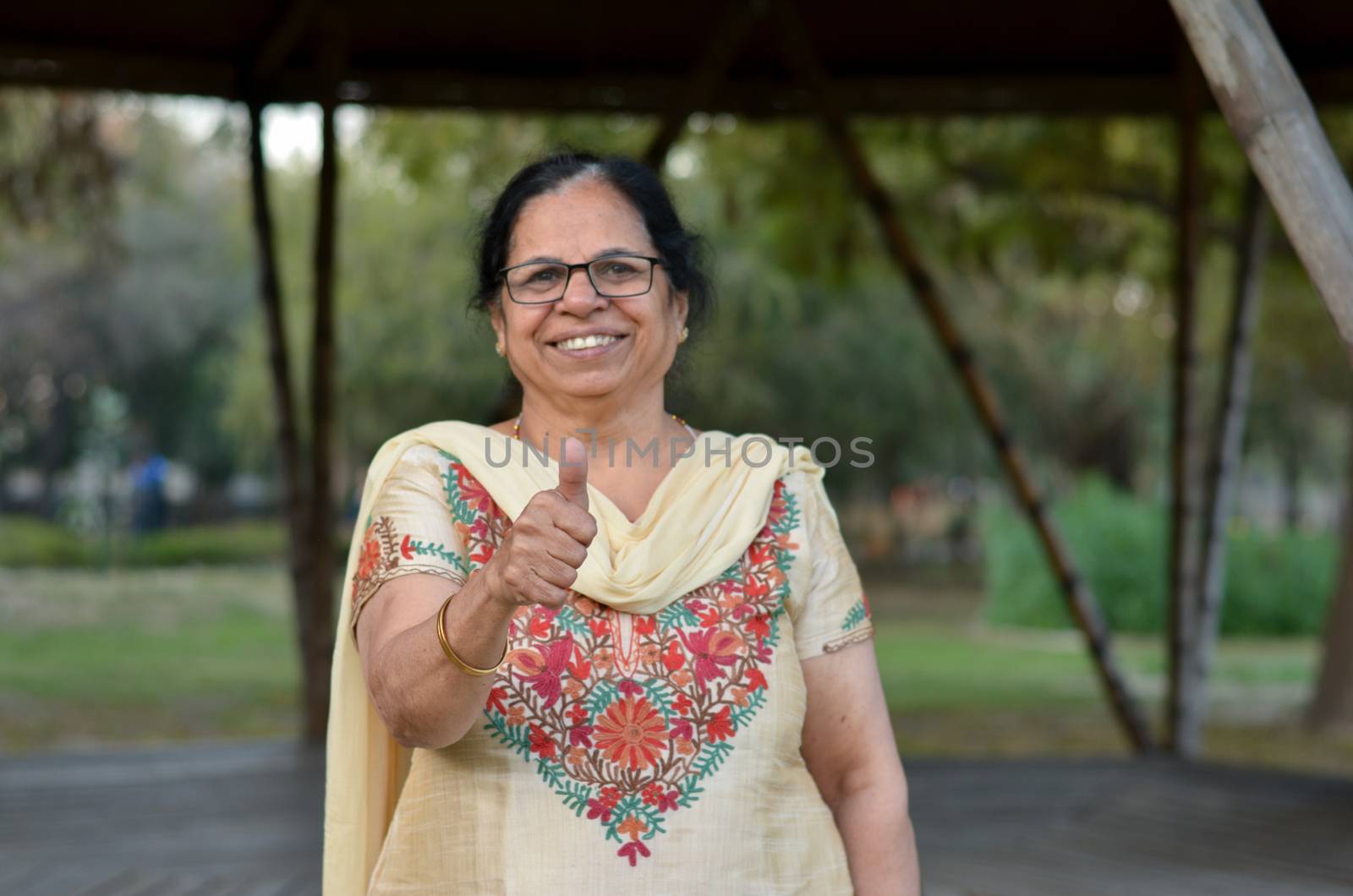 Portrait shot of a happy looking senior north Indian woman wearing traditional chikan kari Indian salwar kameez showing a thumbs up in a garden against a bokeh of canopy of trees.