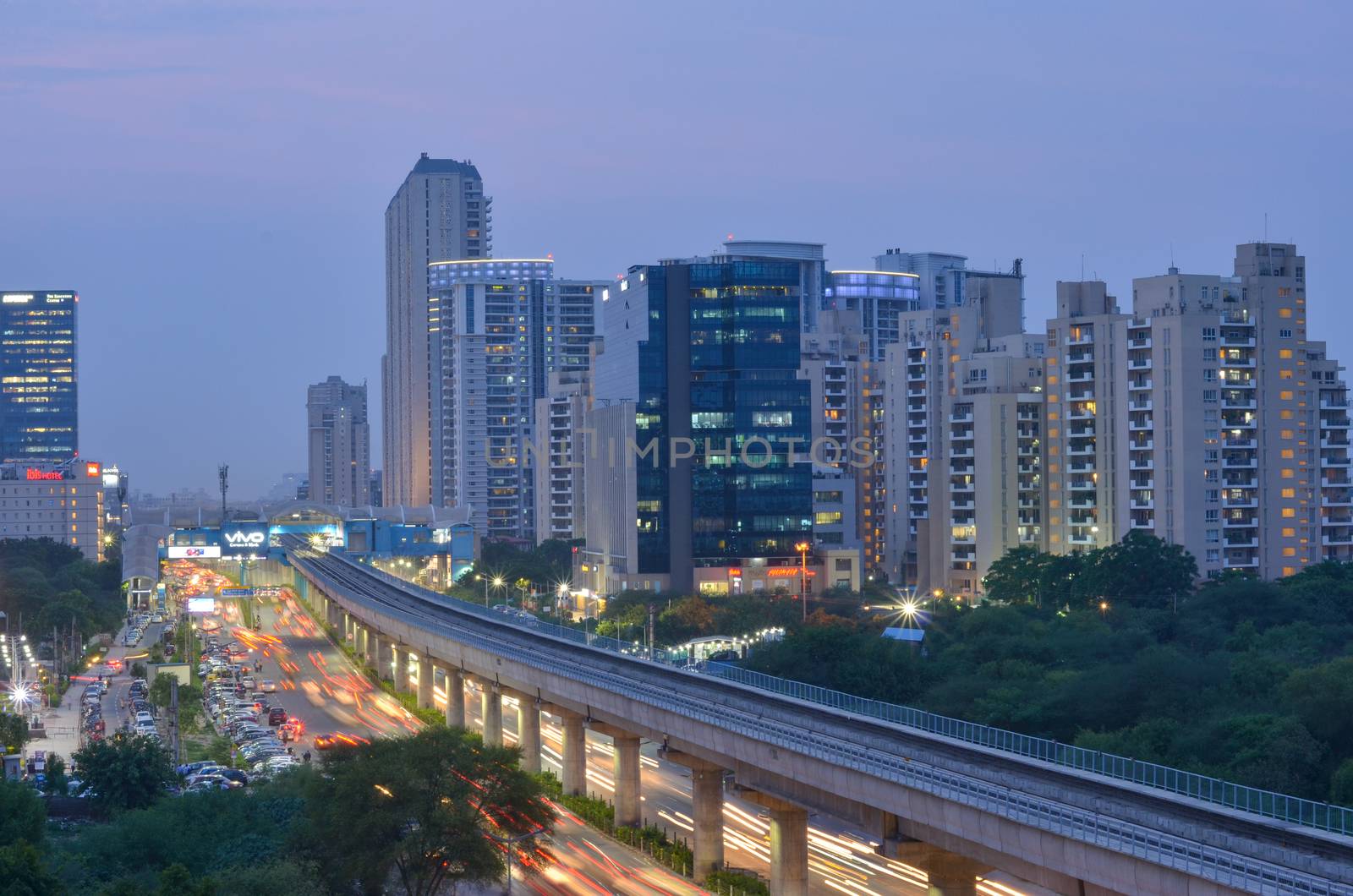 New Delhi, India, 2020. Aerial shot of Rapid metro tracks in urban areas of New Delhi NCR, Gurugram, Noida. A useful addition to existing DMRC rail network. DMRC is closing metro service due to covid-19