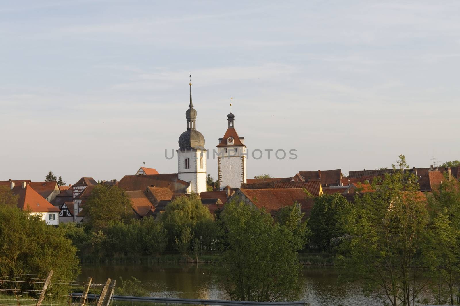 the city Prichsenstadt - Bavaria - Germany - City Tower and church - smalest city in Bavaria