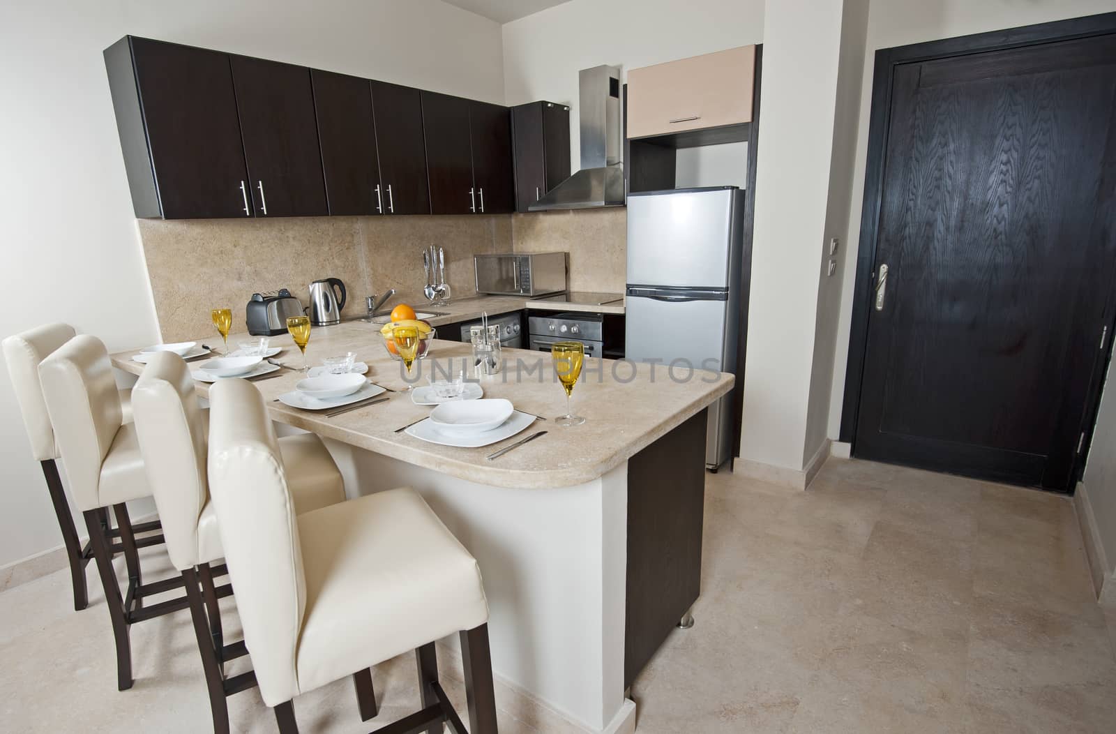 Kitchen area of a luxury apartment