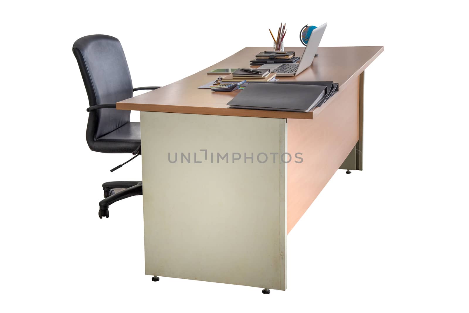 Wooden office desk table with laptop computer, glasses, notebook and calculator. isolated on white work with clipping path.