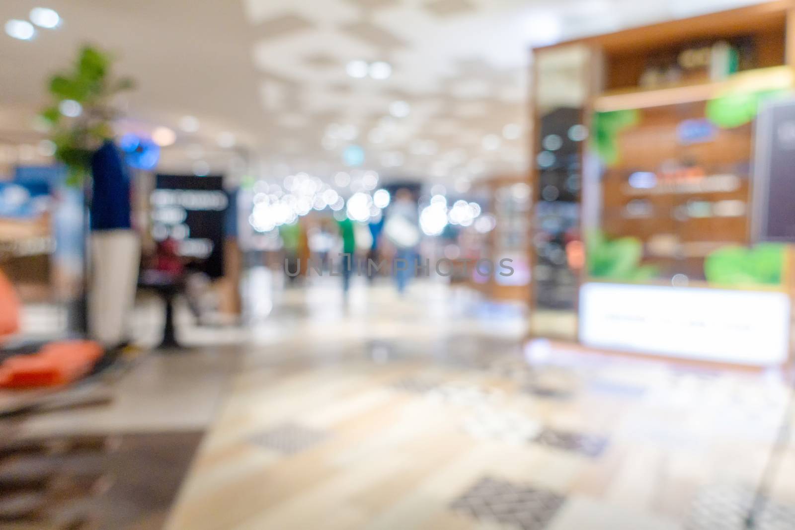 Abstract defocused with bokeh image of shopping mall and people walking for background usage.