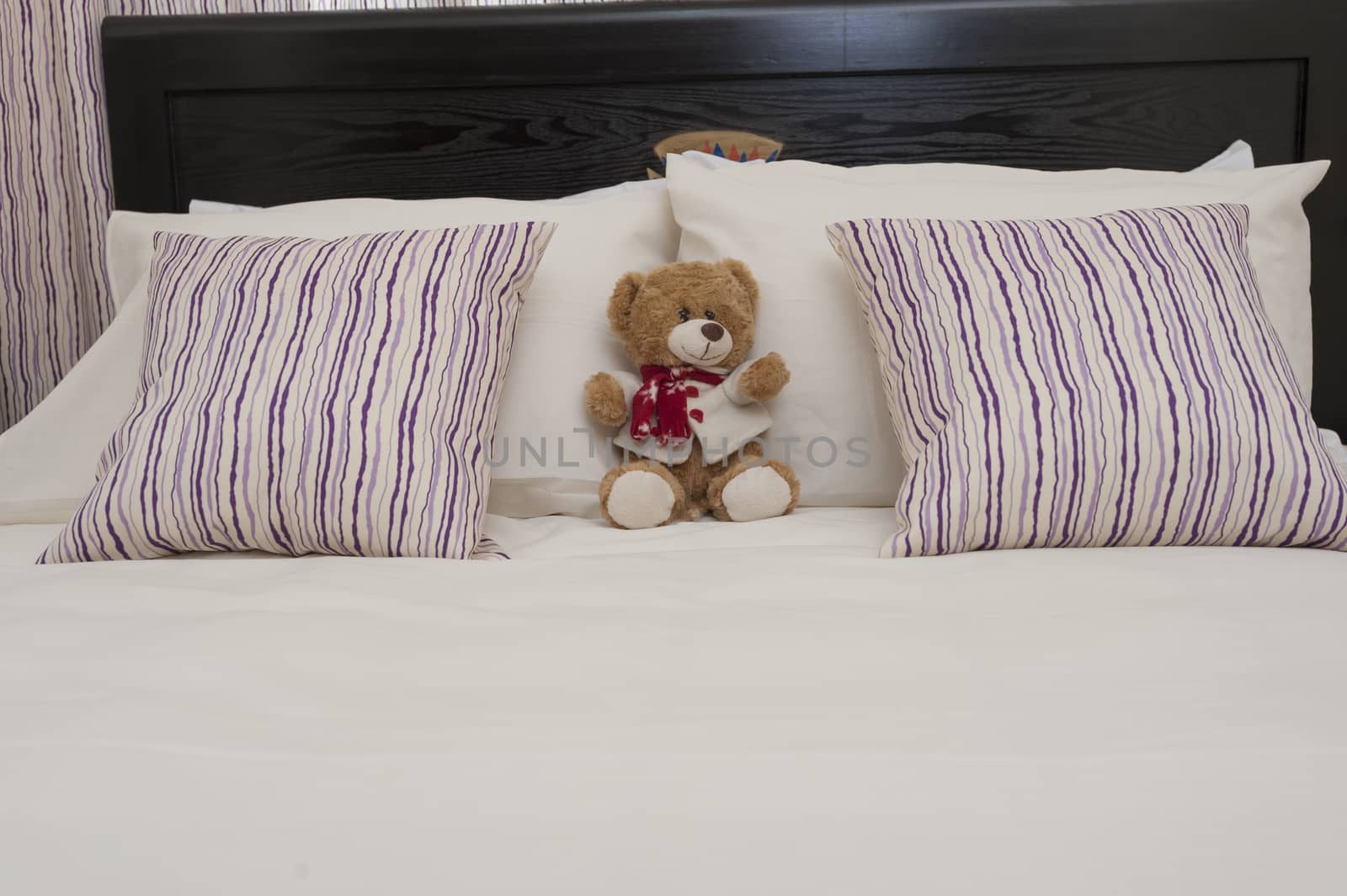 Teddy bear and pillows on a bed in a bedroom of apartment