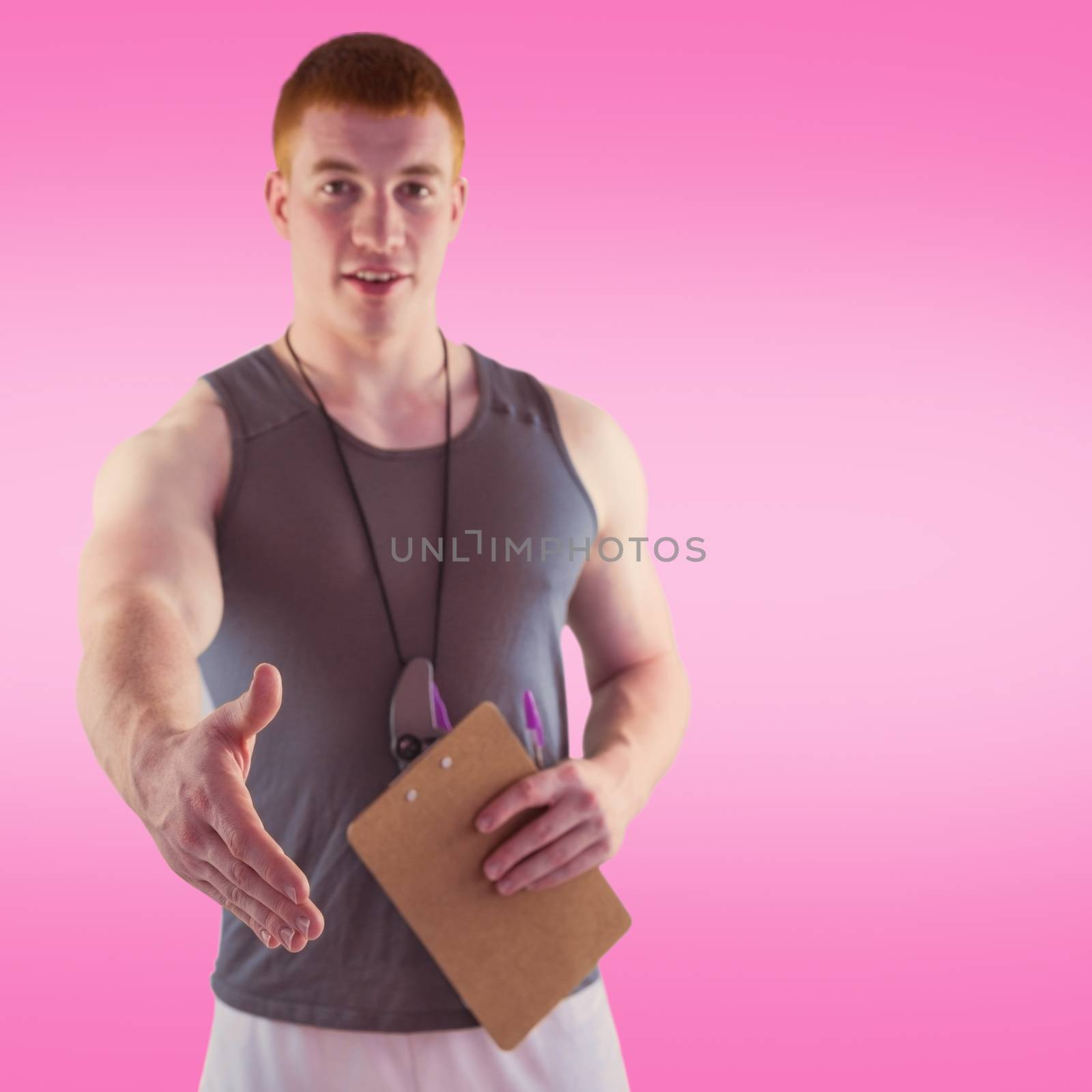 Composite image of welcoming personal trainer giving handshake by Wavebreakmedia