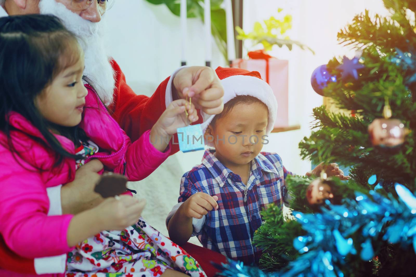 Father and son help to decorate the Christmas tree.