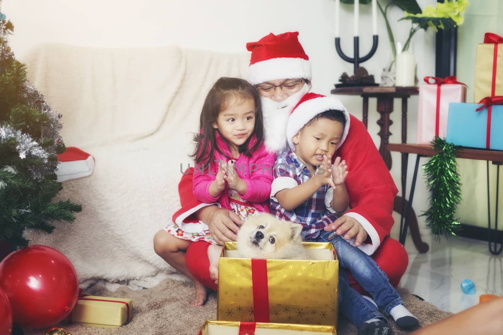 Santa Claus gives gifts to girls and boys during the Christmas season.