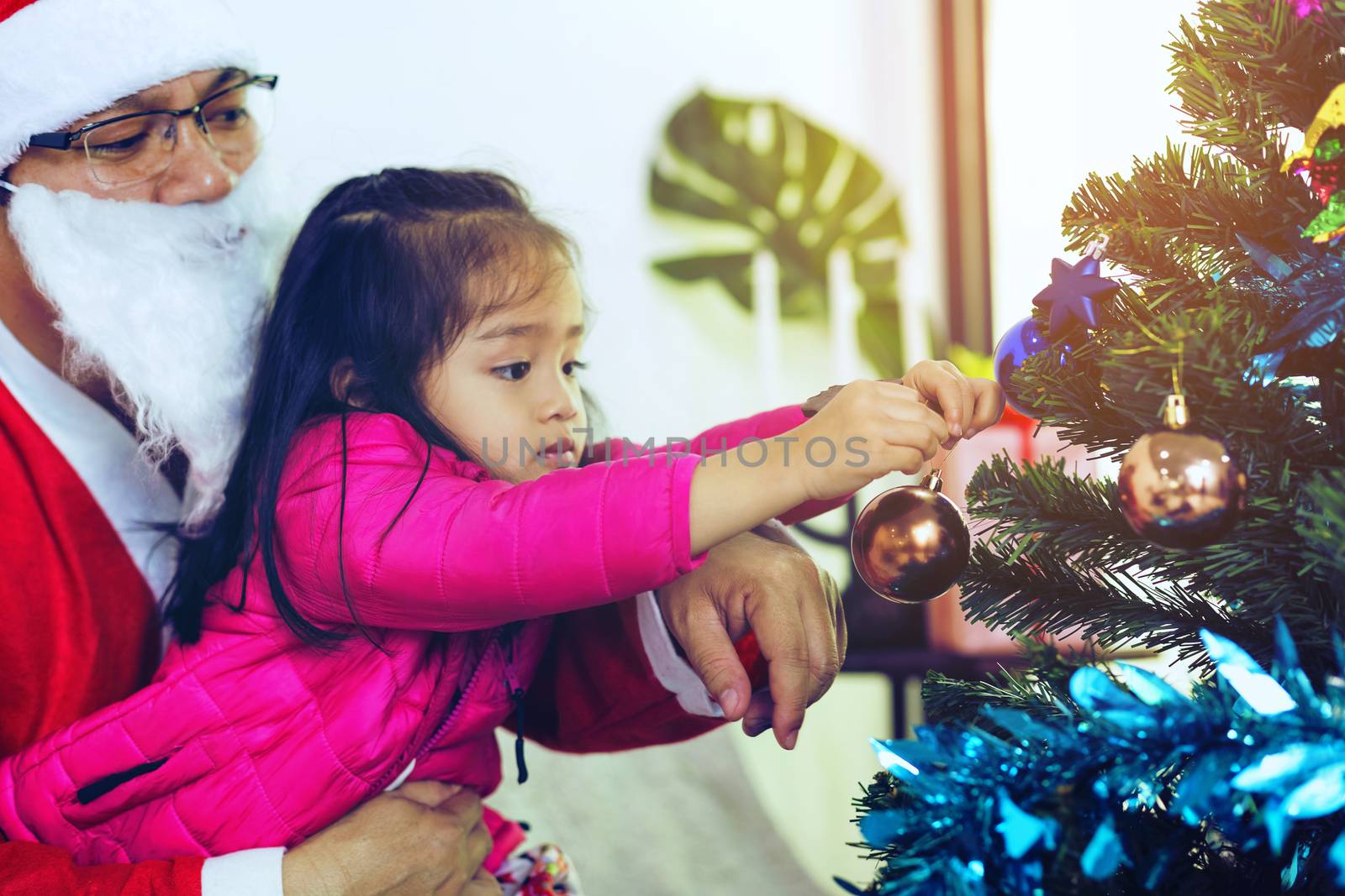 Father and son help to decorate the Christmas tree.