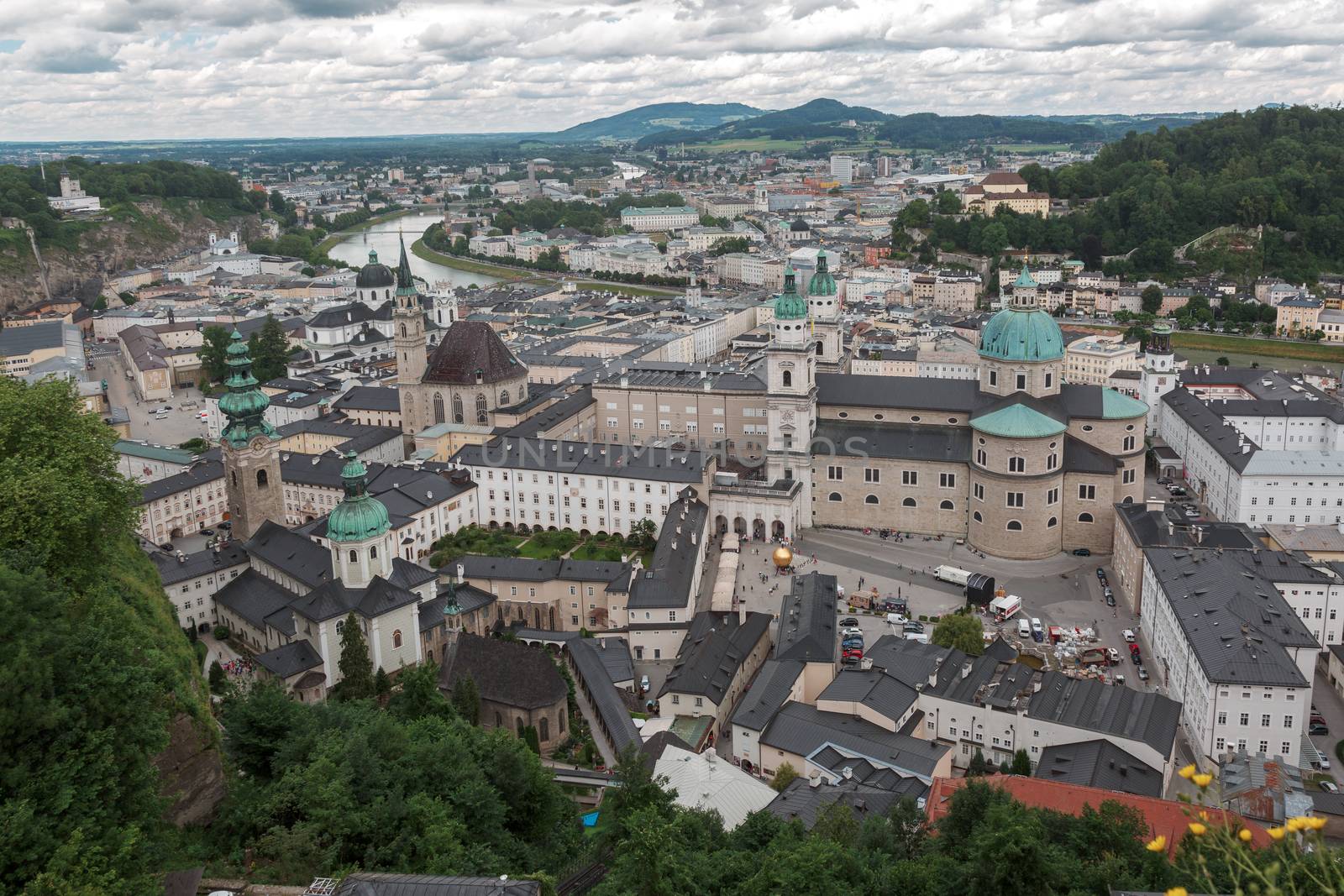 Top view of the historic district of Salzburg, Salzburg Cathedral in front by seka33