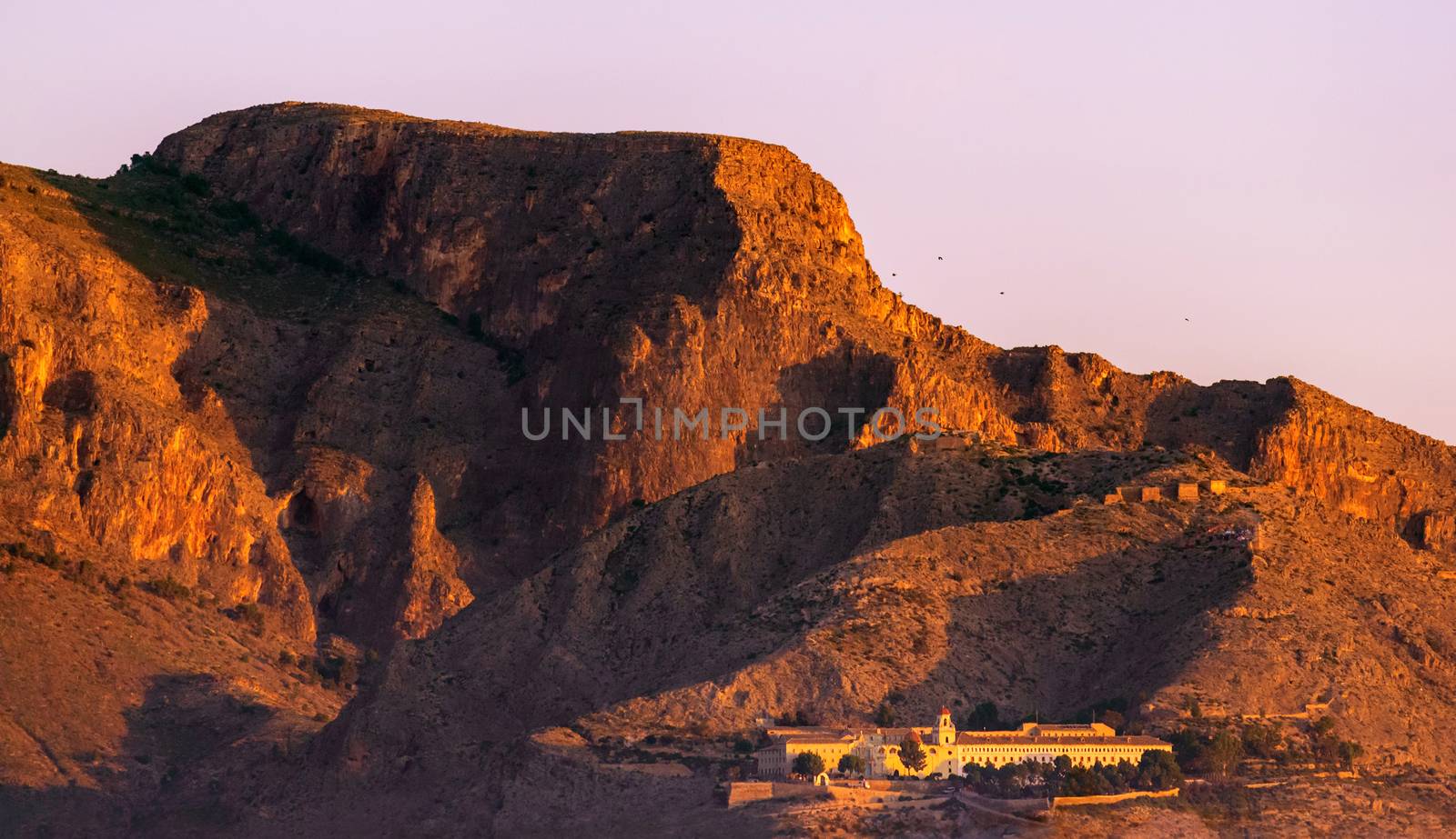 Orihuela antique Seminar under la Cruz de la muela's mountain at sunrise, Murcia, Spain, 2019.