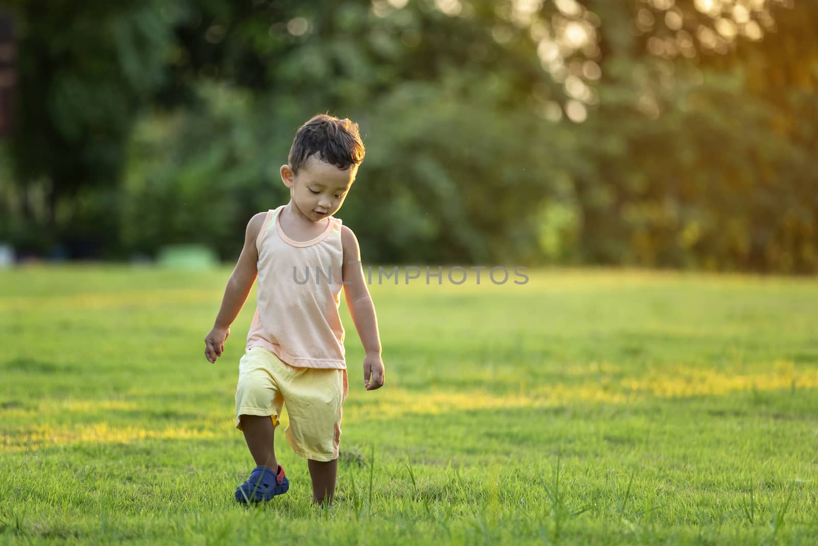 Happy child with dandelions in the countryside at springtime. Co by numberone9018