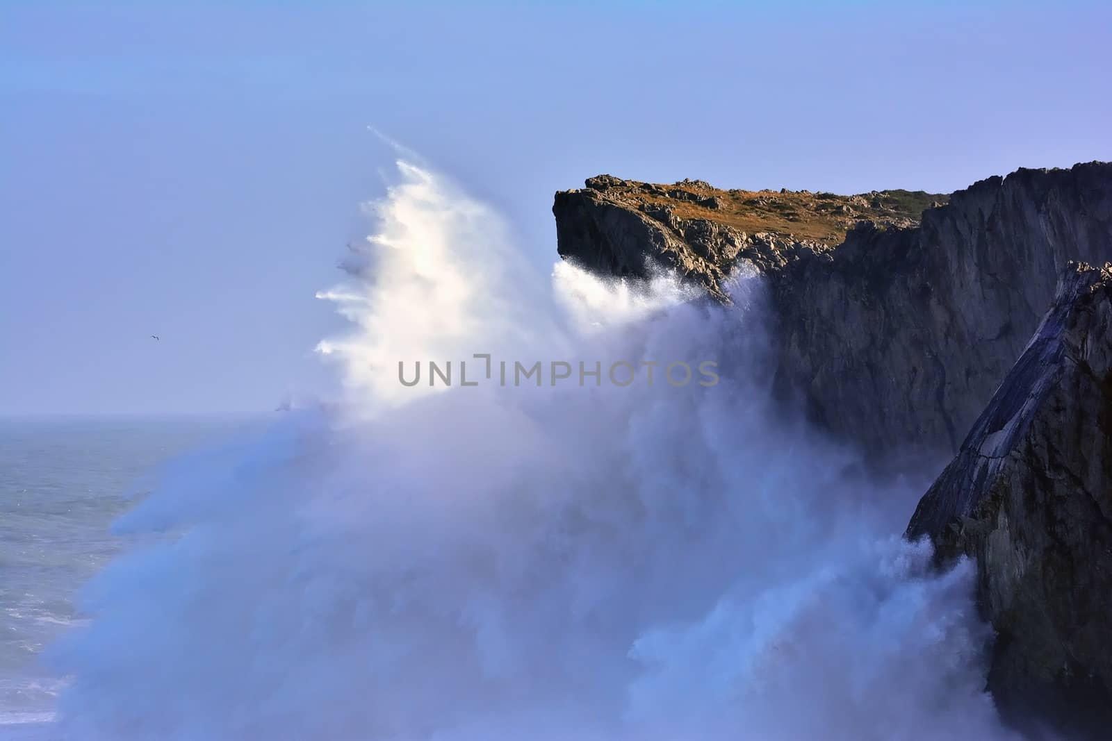 Waves crashing against the cliffs of Bufones of Pria on January 18, 2018 in Llanes, Spain.