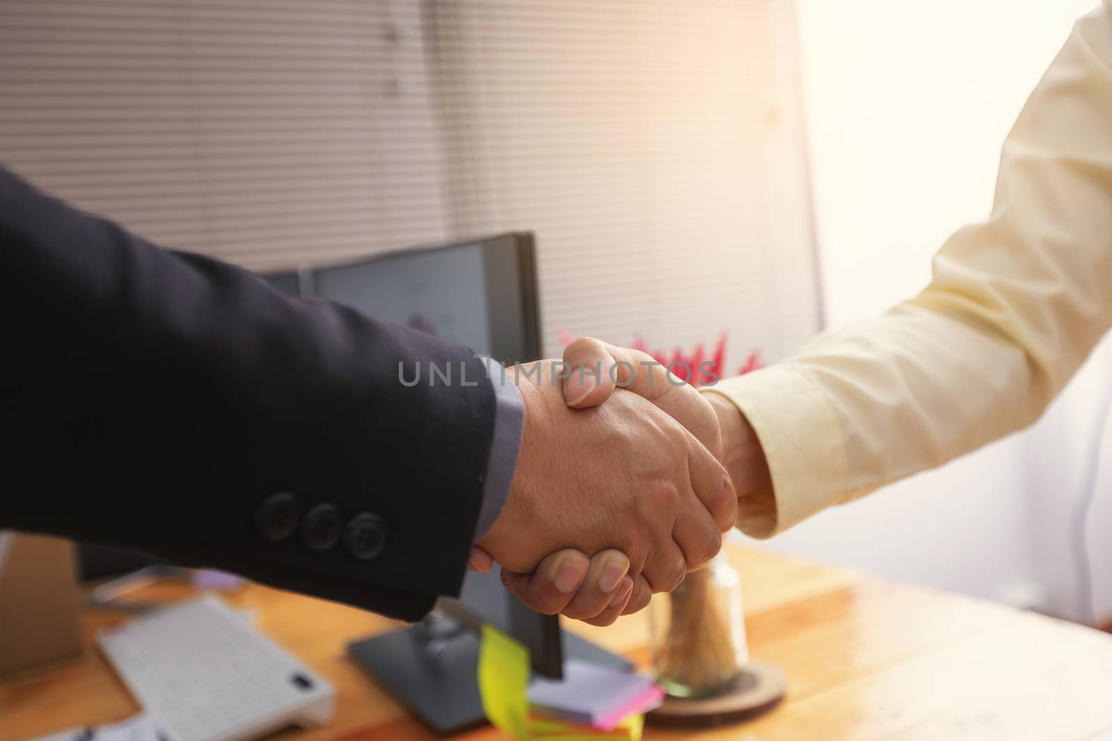 Businesspeople and partners shaking hands over the table, maintaining eye contact, confident entrepreneurs ready for effective negotiations, entering into a partnership, gender equality