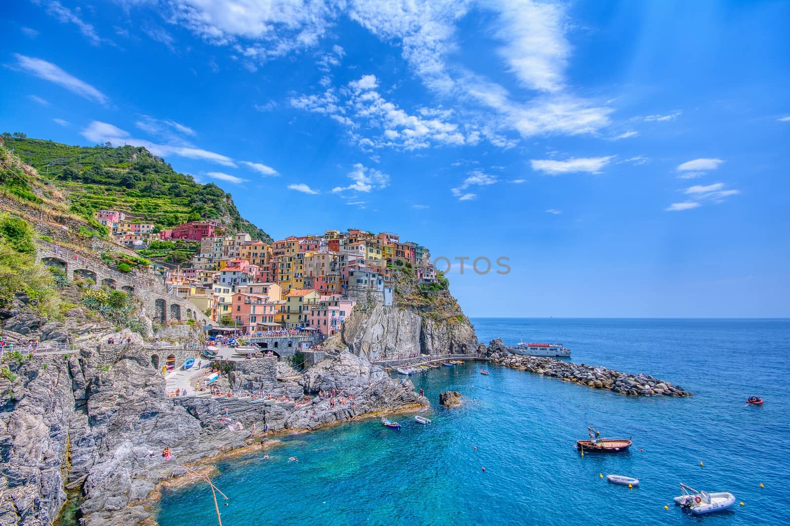 Manarola, Cinque Terre - July 9, 2018:. Manarola is a beautiful small town in the province of La Spezia, Liguria, north of Italy and one of the five Cinque terre travel attractions to tourists.