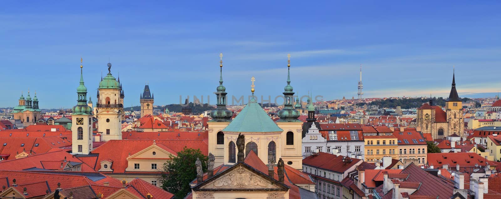 View of colorful old town in Prague taken from Charles bridge tower, Czech Republic