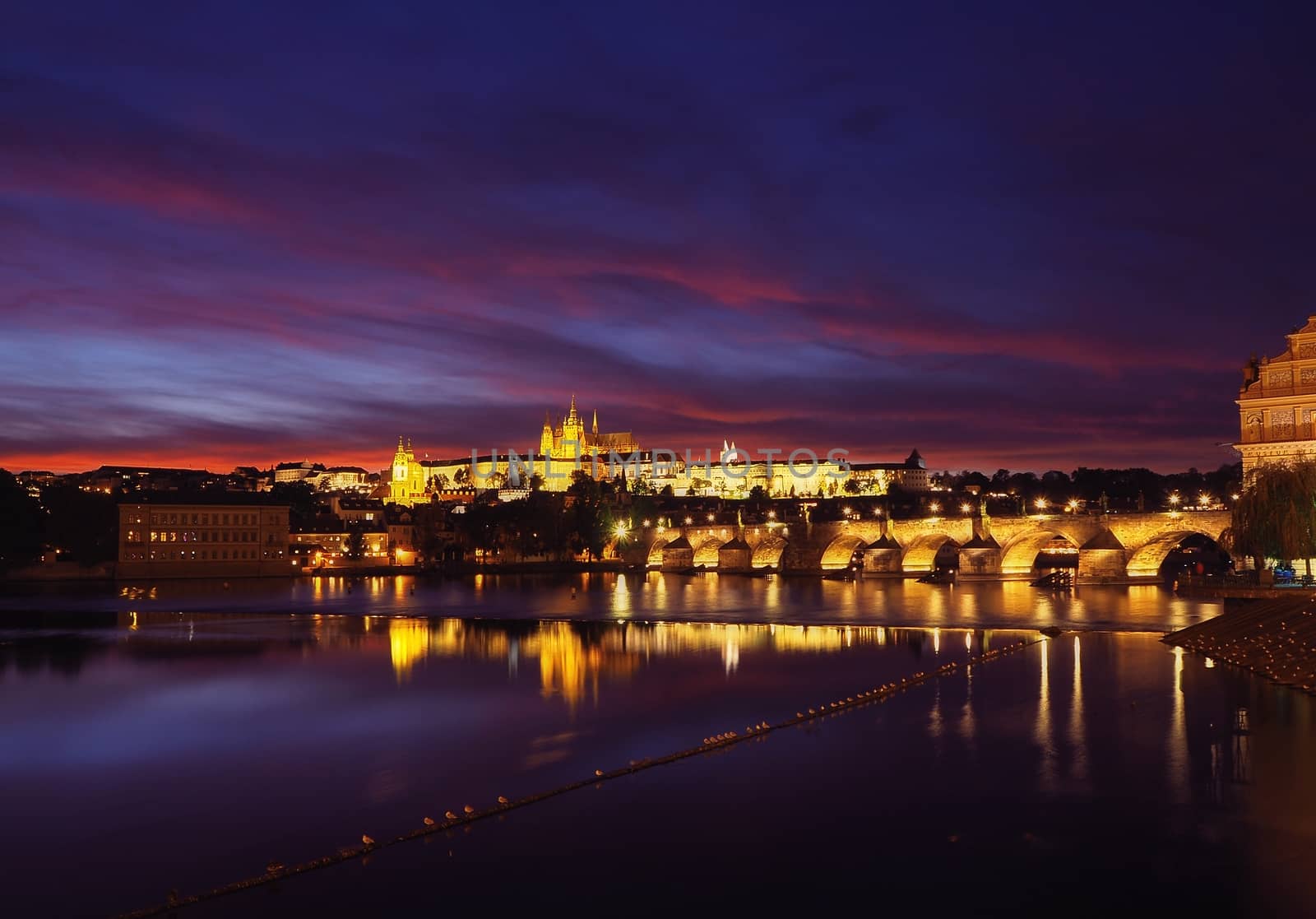 Panorama Prague castle and the Charles bridge at dusk,Czech Republic.