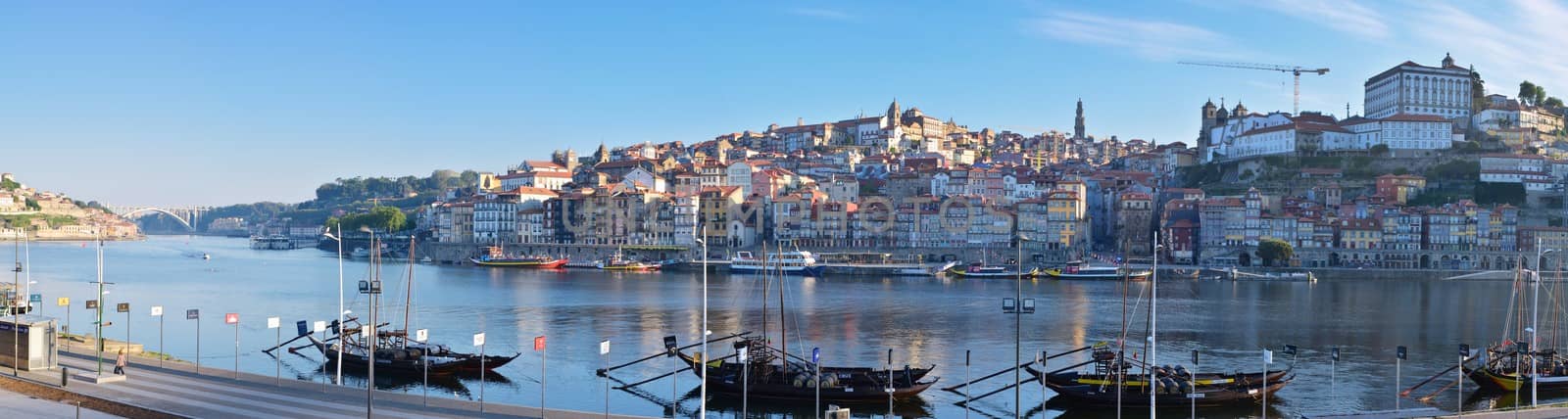 Porto, Portugal - May 19, 2018: Porto, old town skyline with the Douro river and rabelo boats. Is the second largest city in Portugal after Lisbon and famous by Porto wine.