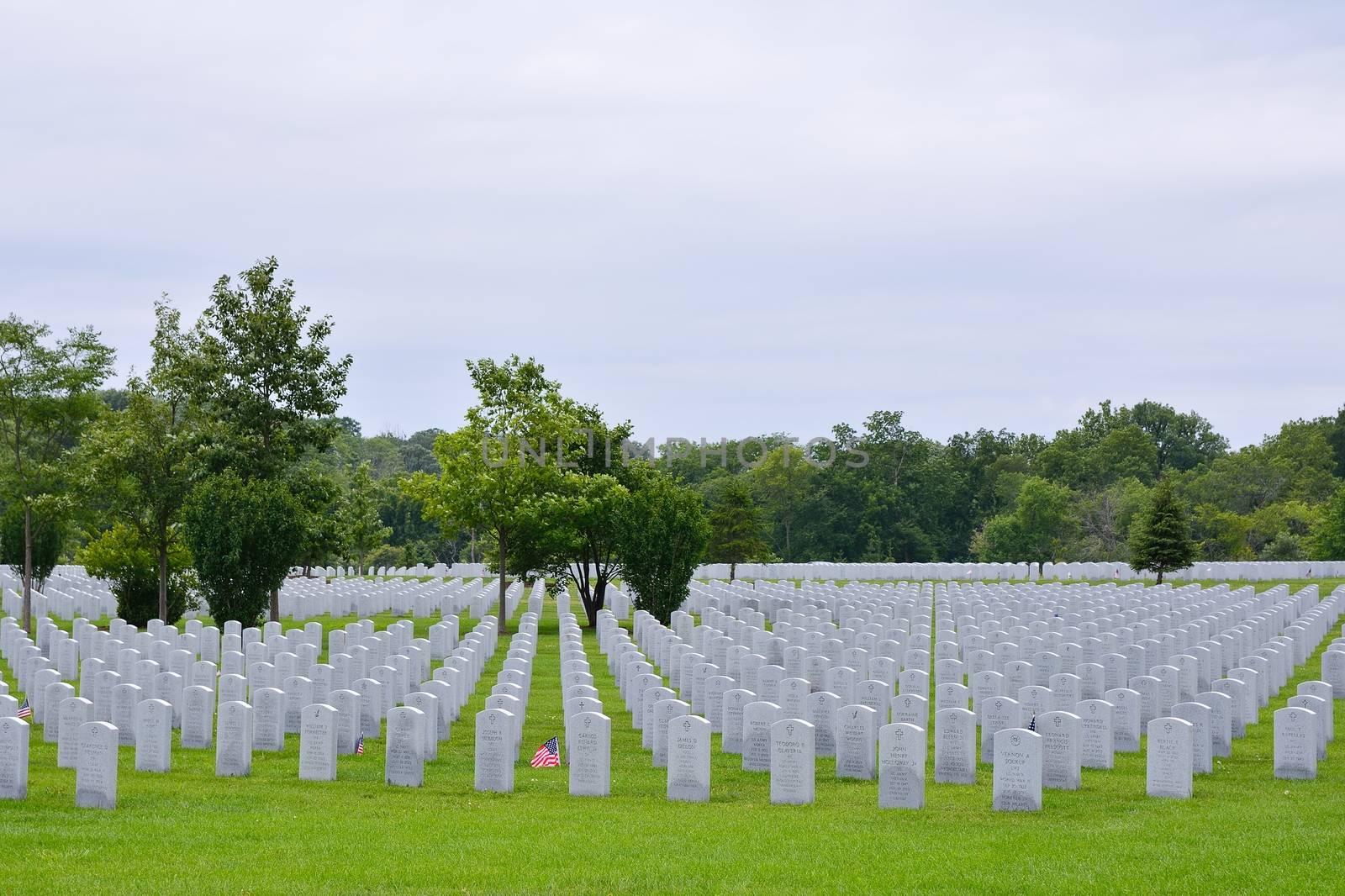 Elwood, Illinois - July 16: A small American flag honors the gravesite of a World War II veterans and Vietnam veterans at Abraham Lincoln National Cemetery on July 16, 2017 in Elwood, Illinois.