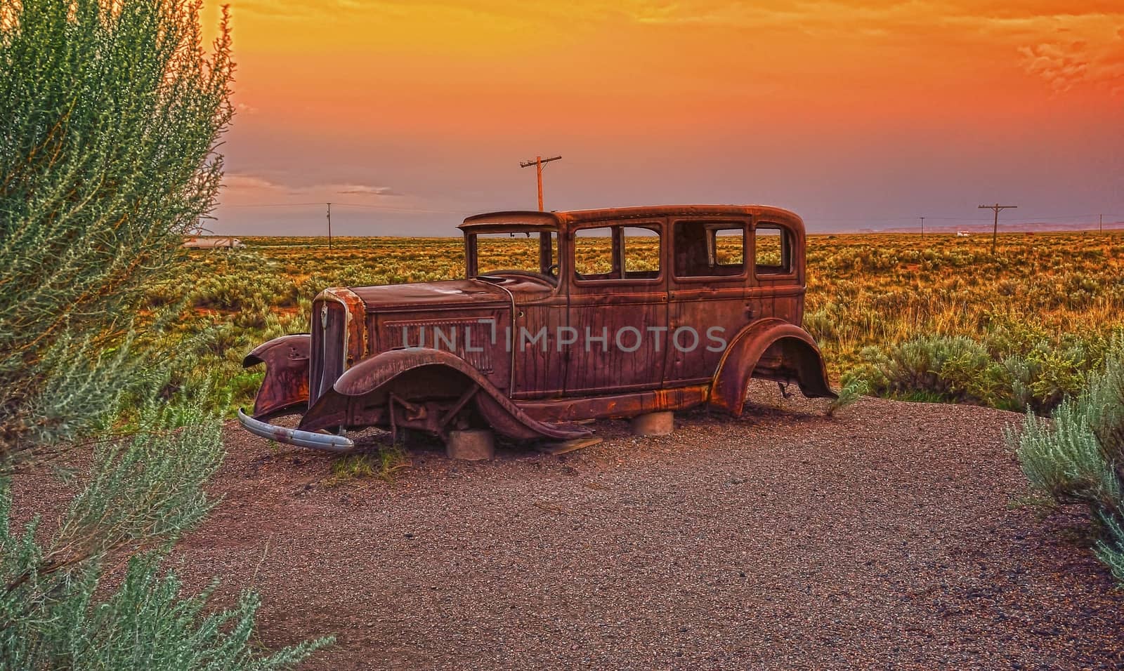 Arizona, Usa - July 22, 2017: Abandoned car near the entrance to the Painted desert, Arizona.