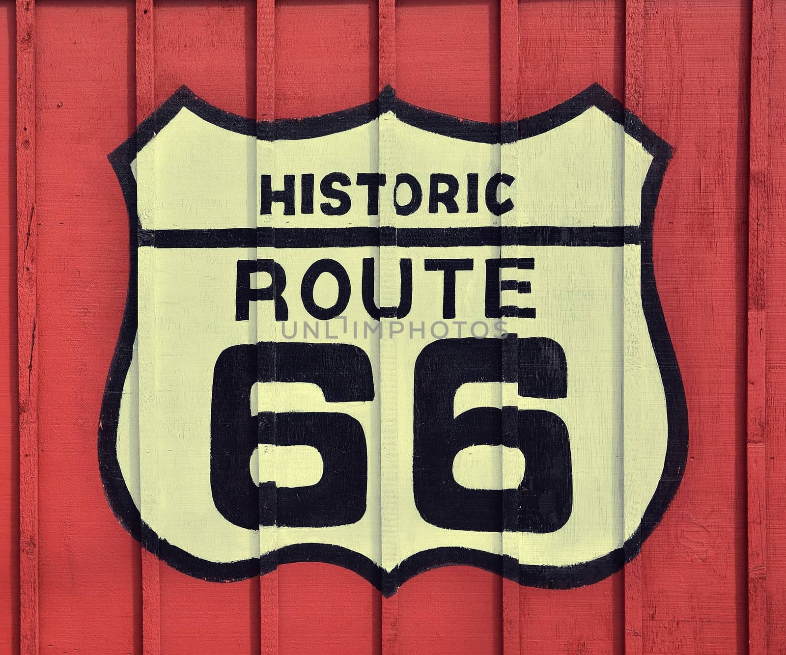 Route 66 sign with wooden background. by CreativePhotoSpain