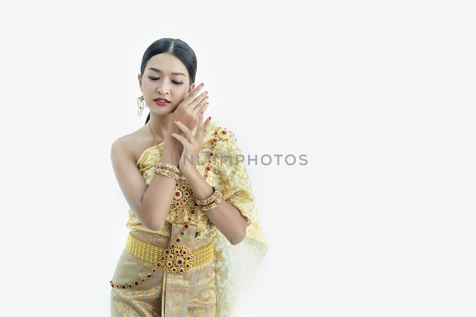 Beautiful Thai girl in traditional costume identity culture of thailand and has a beautiful smile that is a national identity