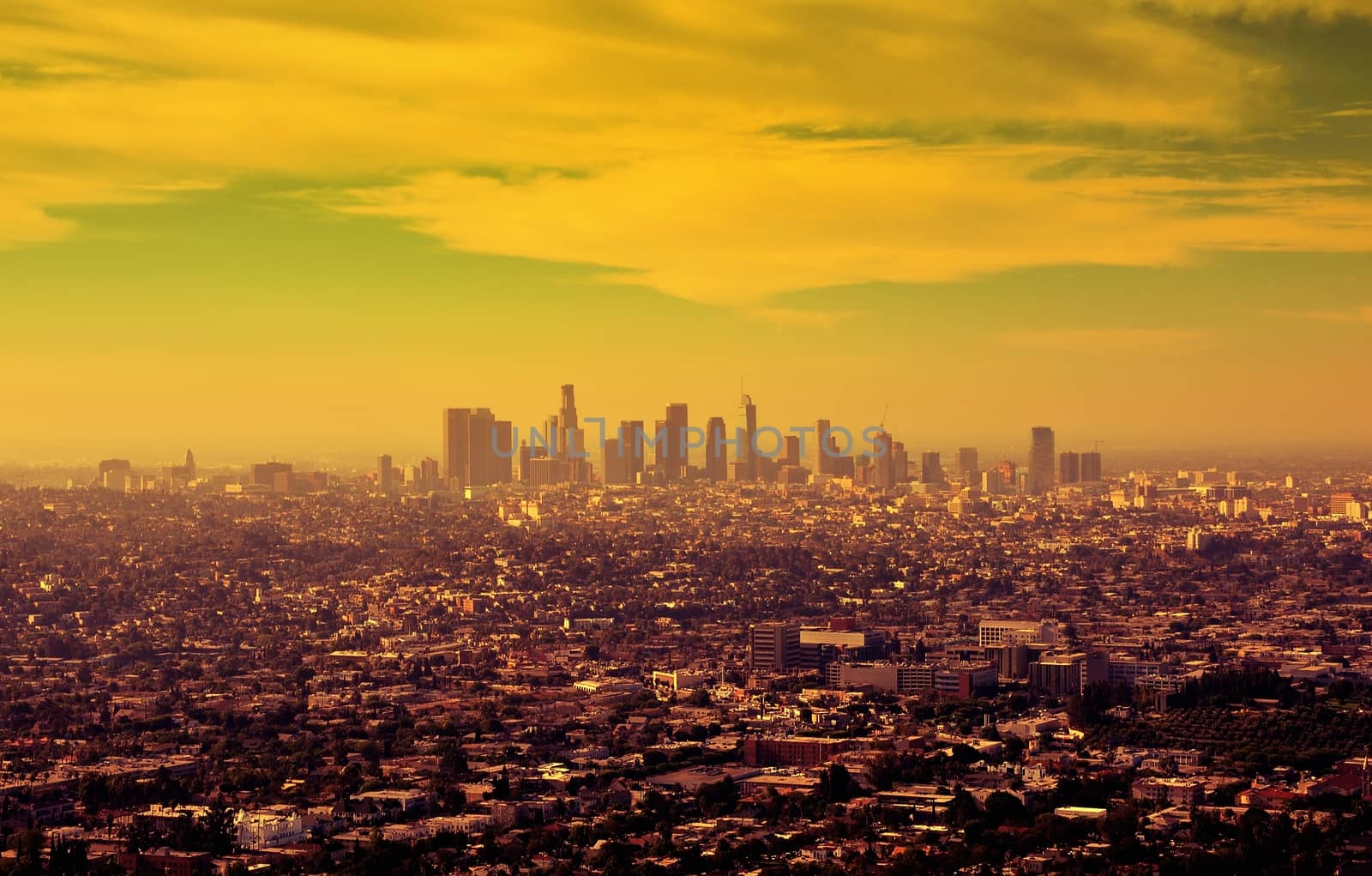Los Angeles downtown skyline at sunrise.