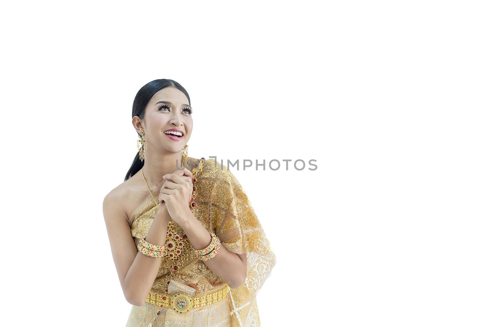 Beautiful Thai women wearing traditional Thai clothes that have a unique Thai culture. Happy asian woman with blank copyspace, isolated on white background