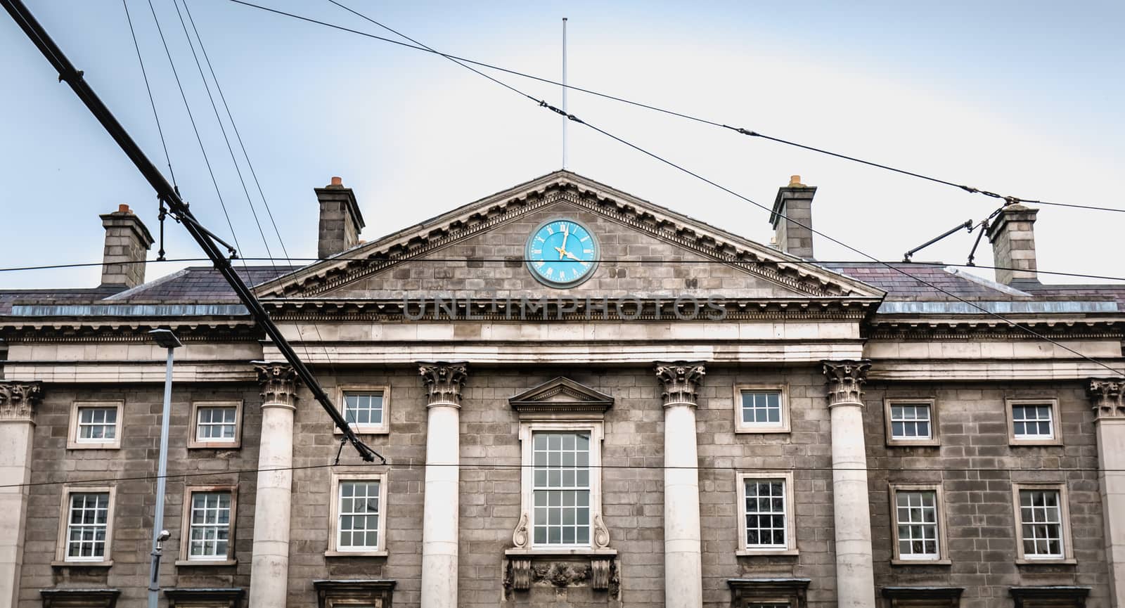 Dublin, Ireland - February 11, 2019: Trinity College architecture detail in downtown on a winter day