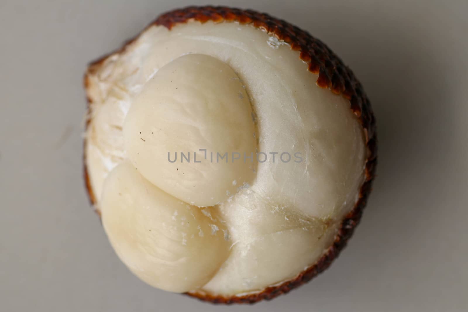 Close up of single piece of Snake fruit. Top view of single healthy fruit. Salak pondoh is one of the salak cultivars that mostly grows in area of Bali. Macro photo of Sweet Salacca zalacca.