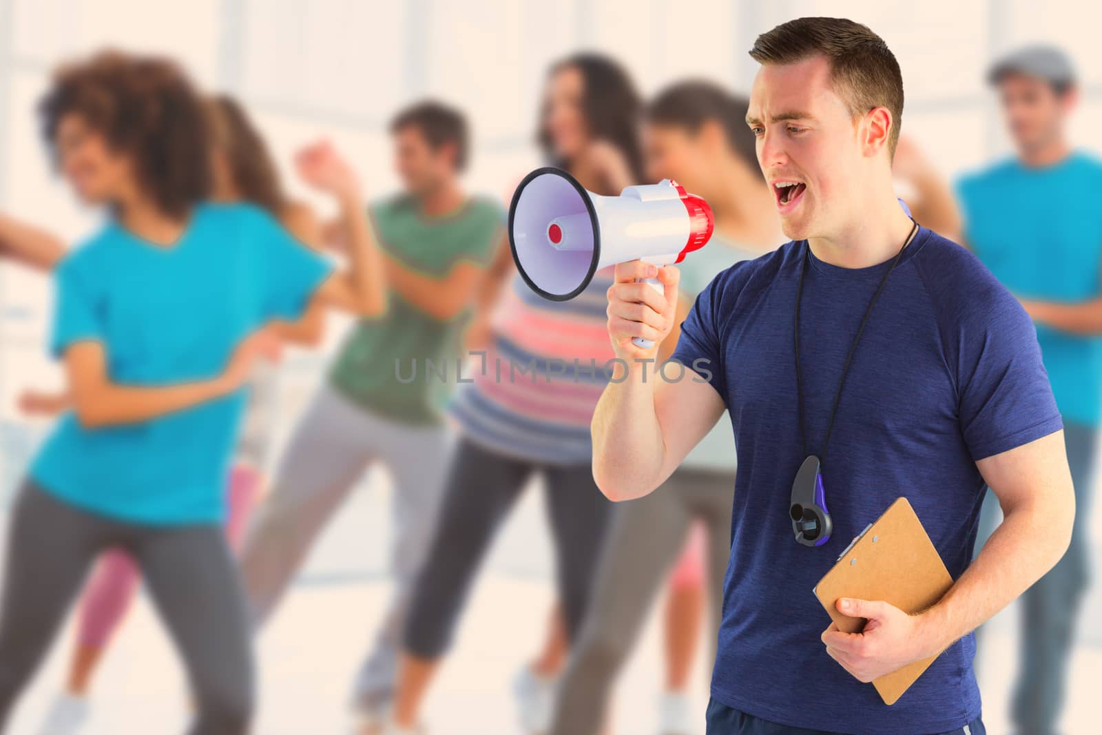 Composite image of male trainer yelling through the megaphone
