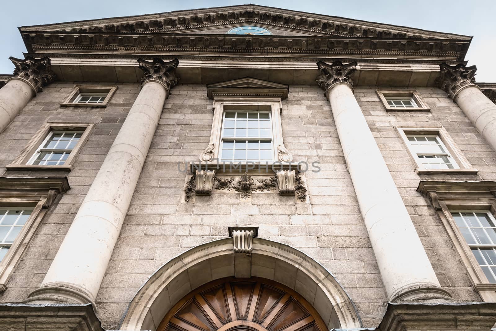 Dublin, Ireland - February 11, 2019: Trinity College architecture detail in downtown on a winter day