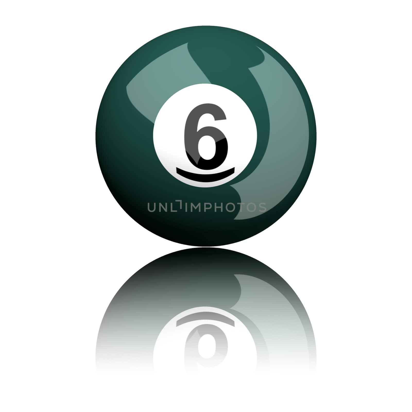 3D rendering pool ball or billiard ball number 6 isolated on white.