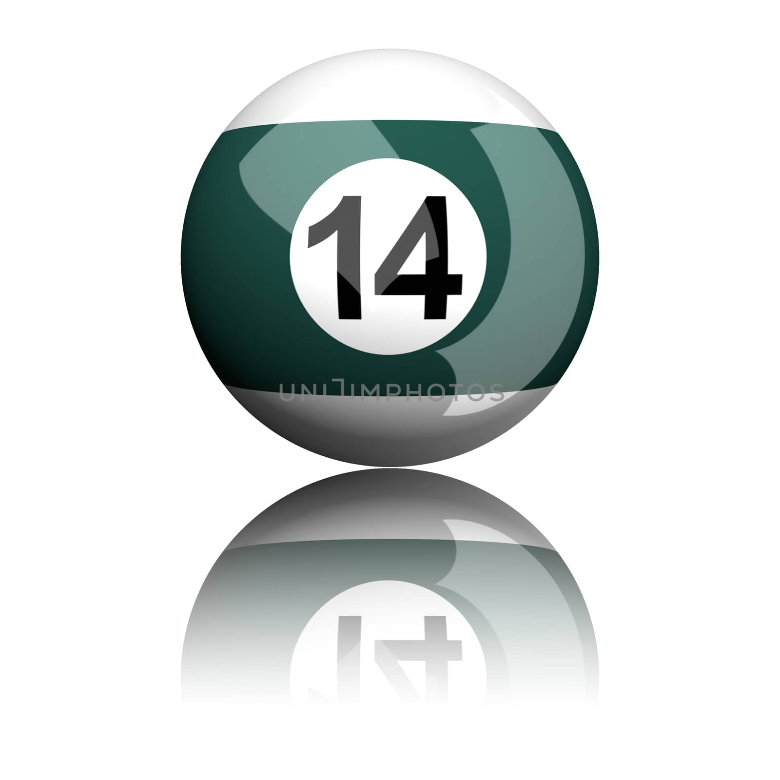 3D rendering pool ball or billiard ball number 14 isolated on white.