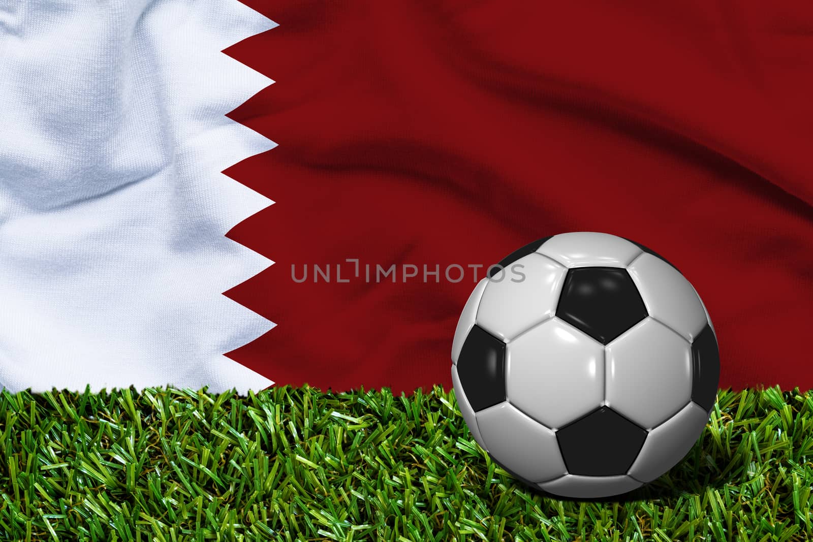 3D rendered soccer ball in grass field with Qatar flag as Background